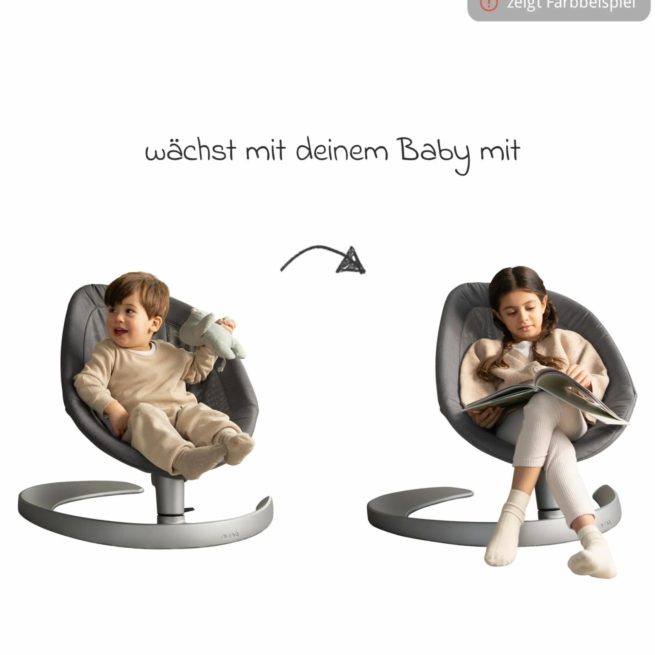 Babywippe LEAF grow ab Geburt - 60 kg inkl. Spielbügel mit 3 Spielfiguren - Granite - Kollektion 2025