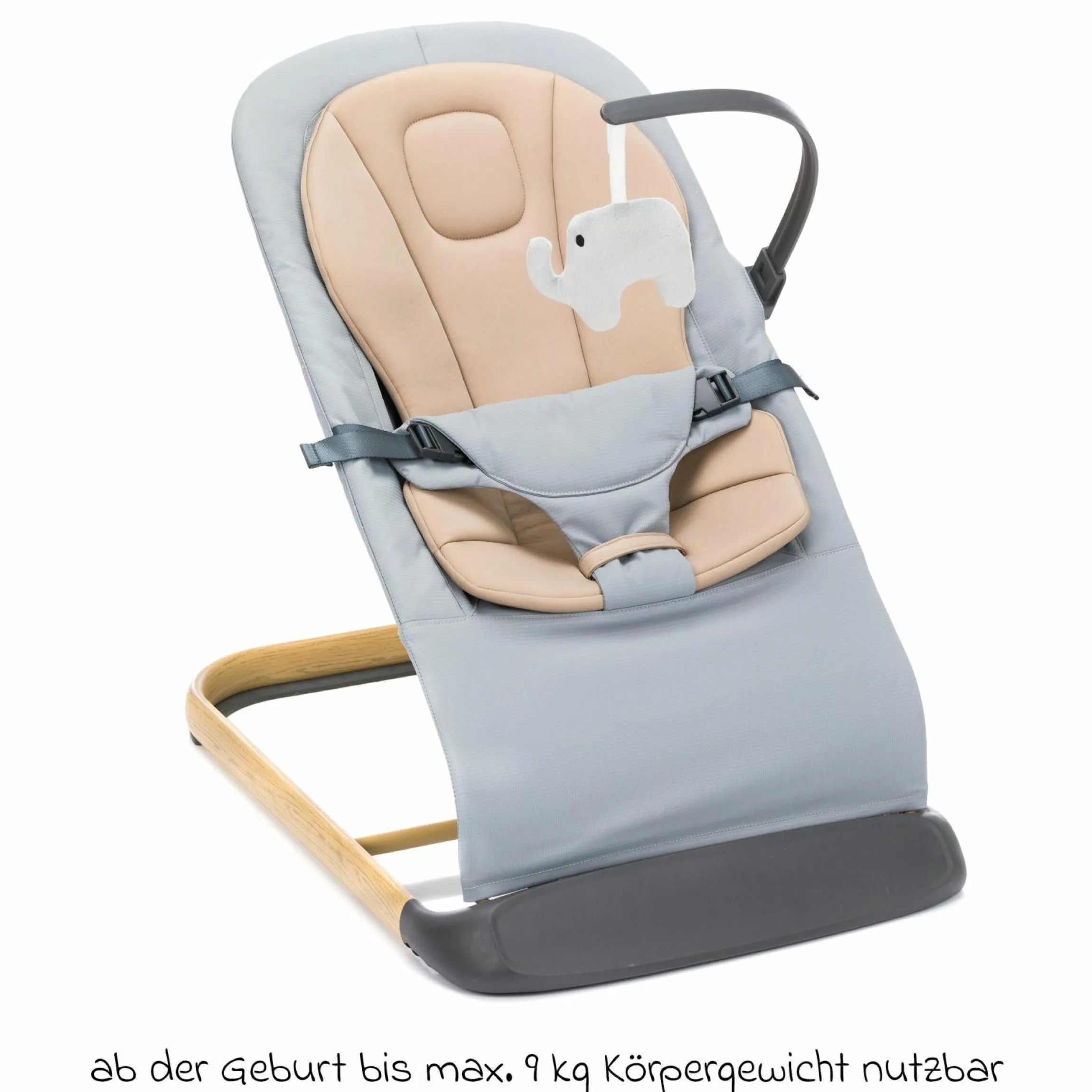 Babywippe Rocker mit 3 verstellbaren Positionen und Spielbügel mit Plüschfigur - Grau Beige