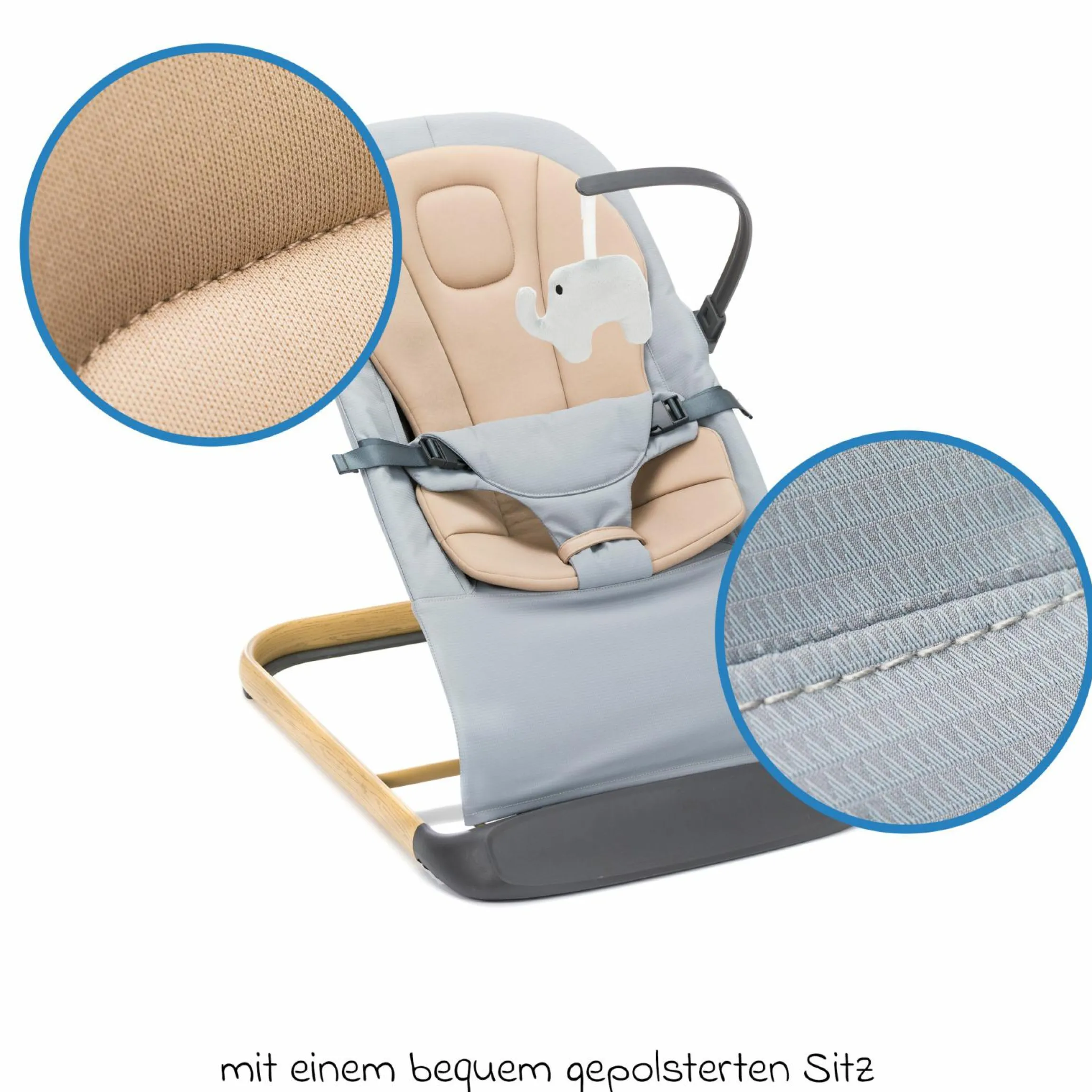 Babywippe Rocker mit 3 verstellbaren Positionen und Spielbügel mit Plüschfigur - Grau Beige