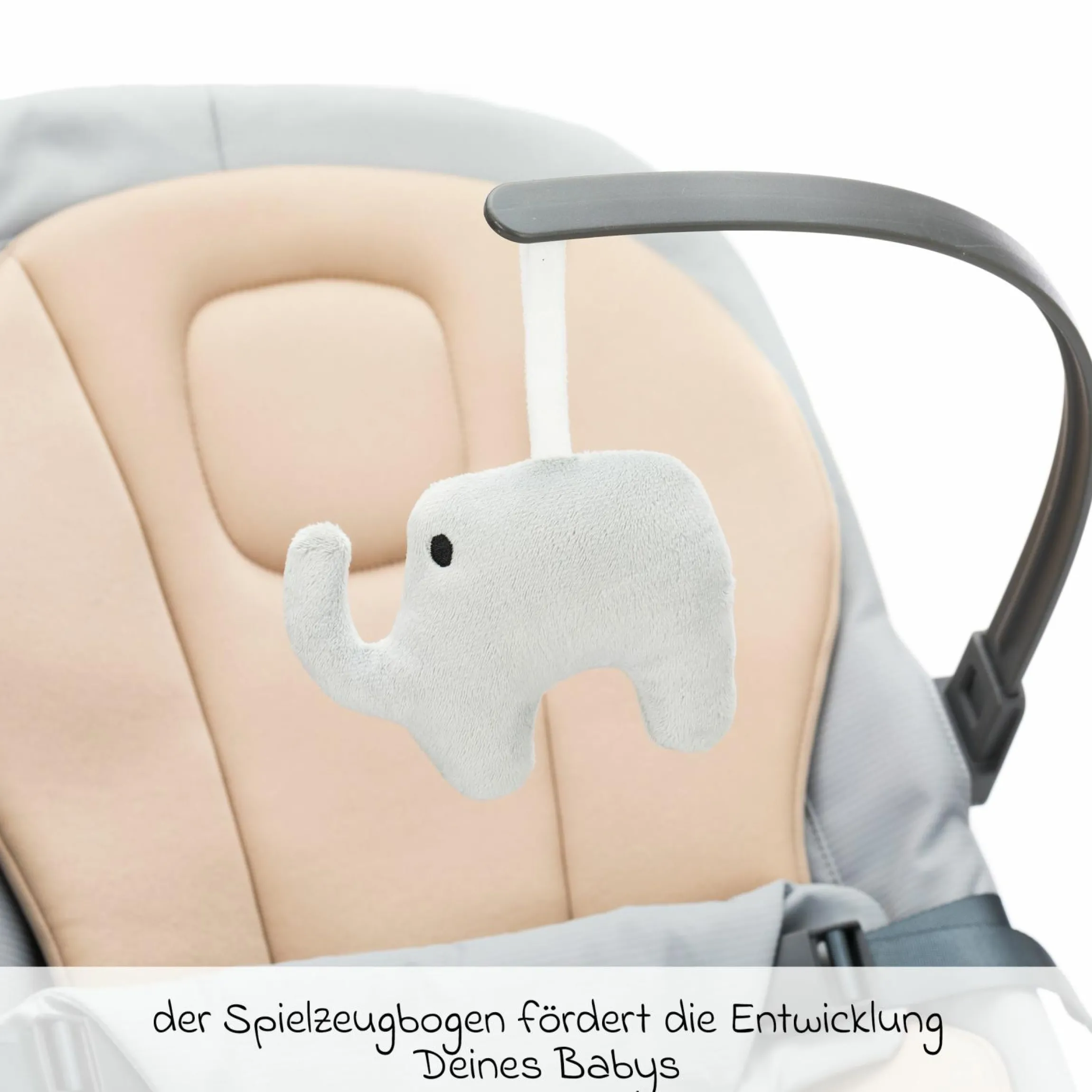 Babywippe Rocker mit 3 verstellbaren Positionen und Spielbügel mit Plüschfigur - Grau Beige