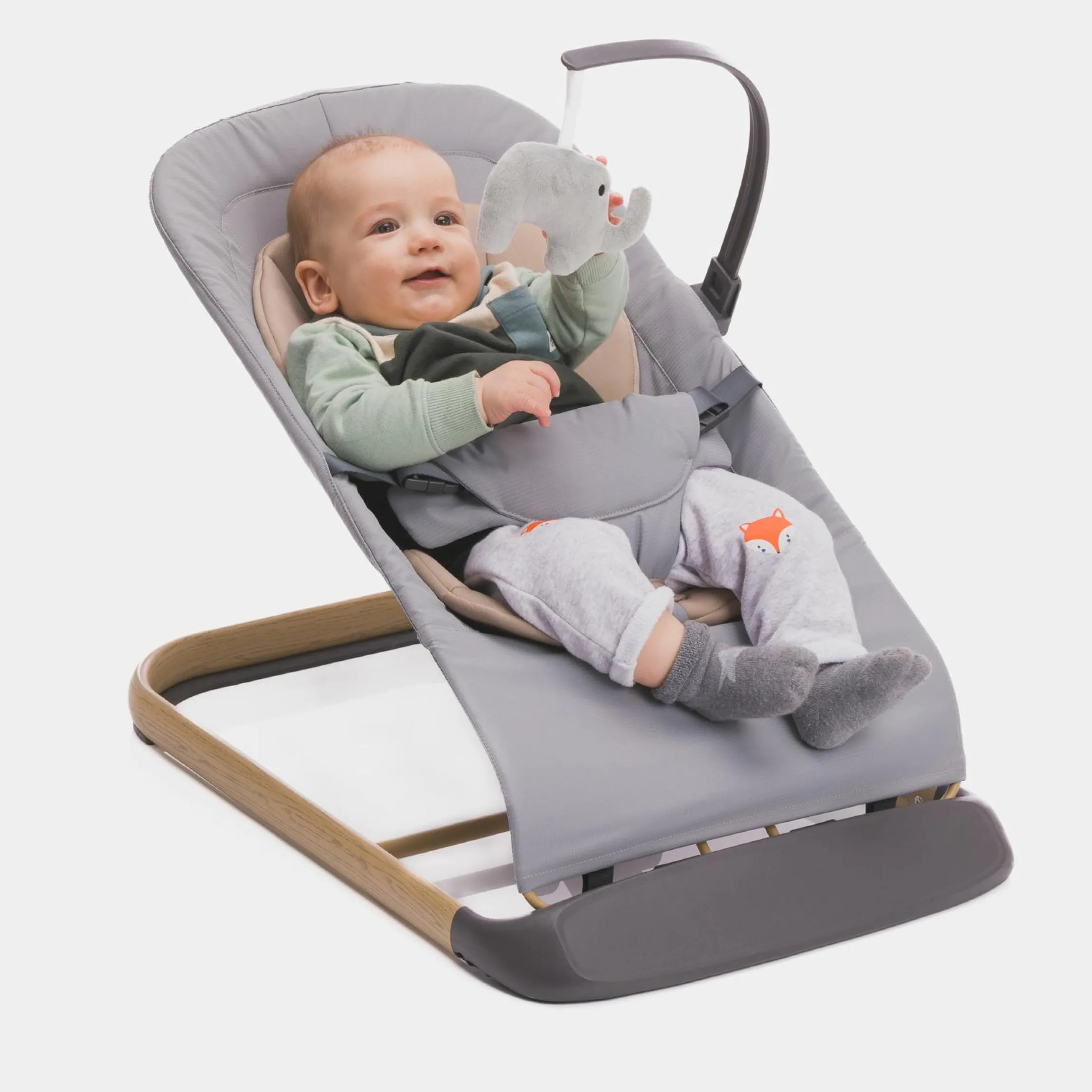 Babywippe Rocker mit 3 verstellbaren Positionen und Spielbügel mit Plüschfigur - Grau Beige