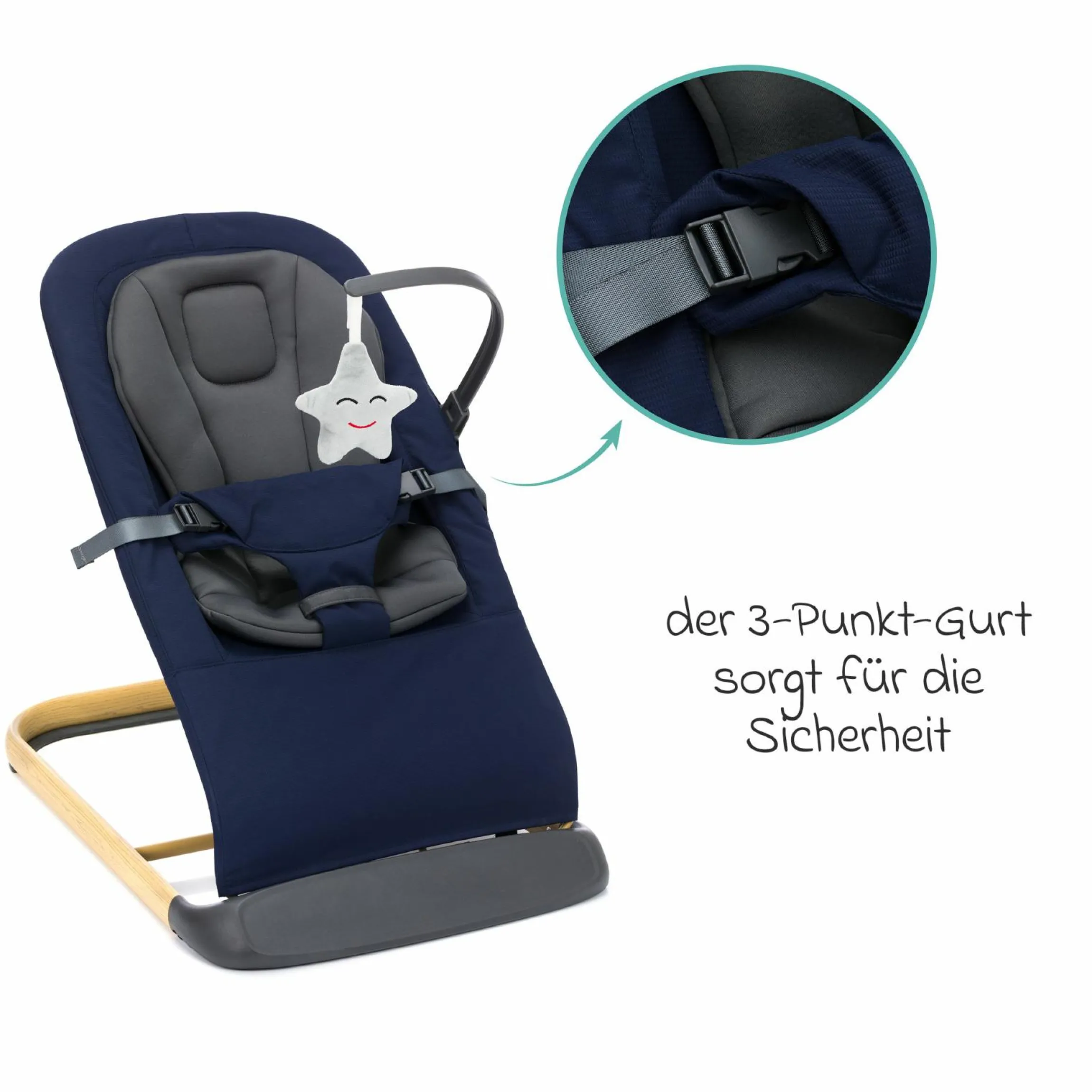 Babywippe Rocker mit 3 verstellbaren Positionen und Spielbügel mit Plüschfigur - Marine Grau