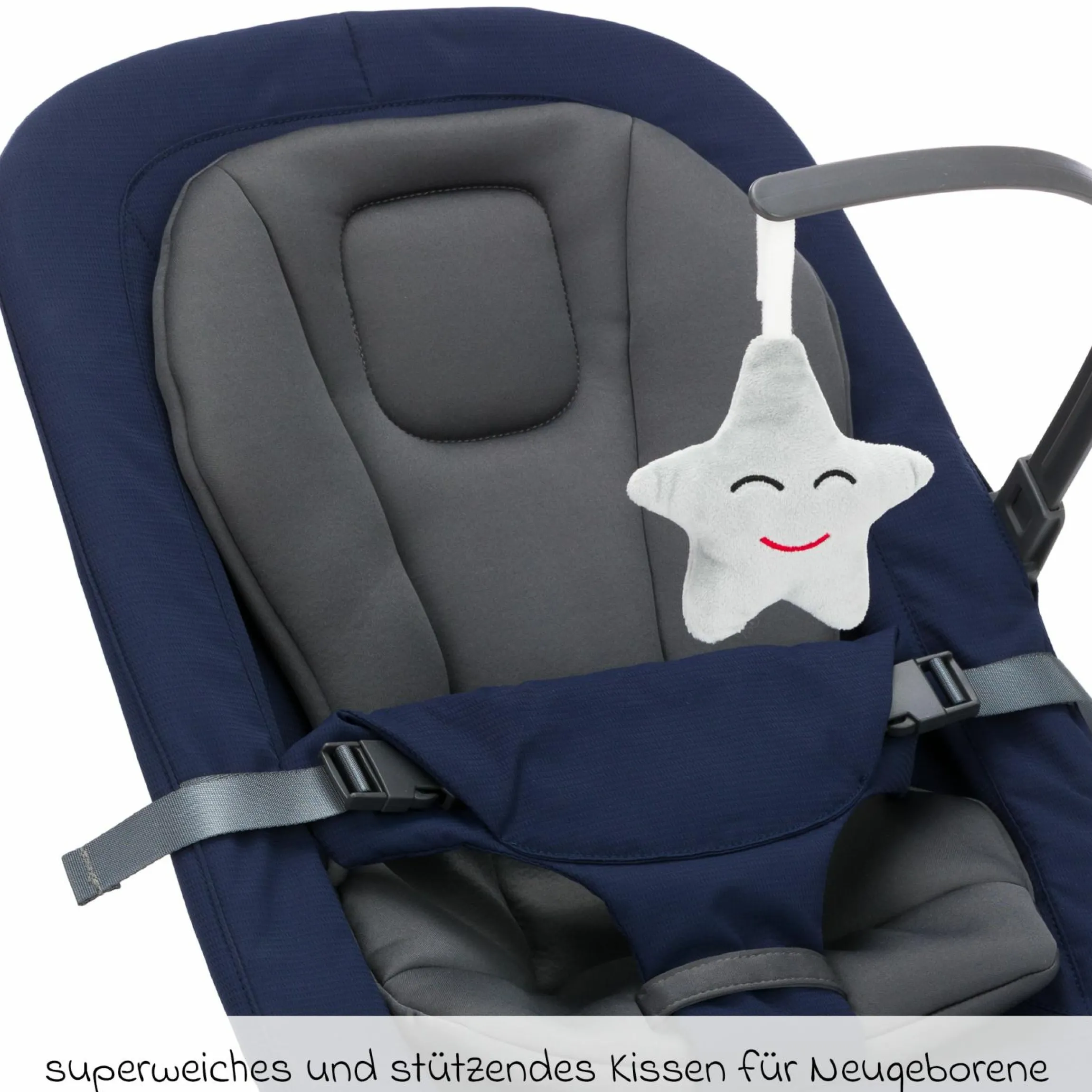 Babywippe Rocker mit 3 verstellbaren Positionen und Spielbügel mit Plüschfigur - Marine Grau