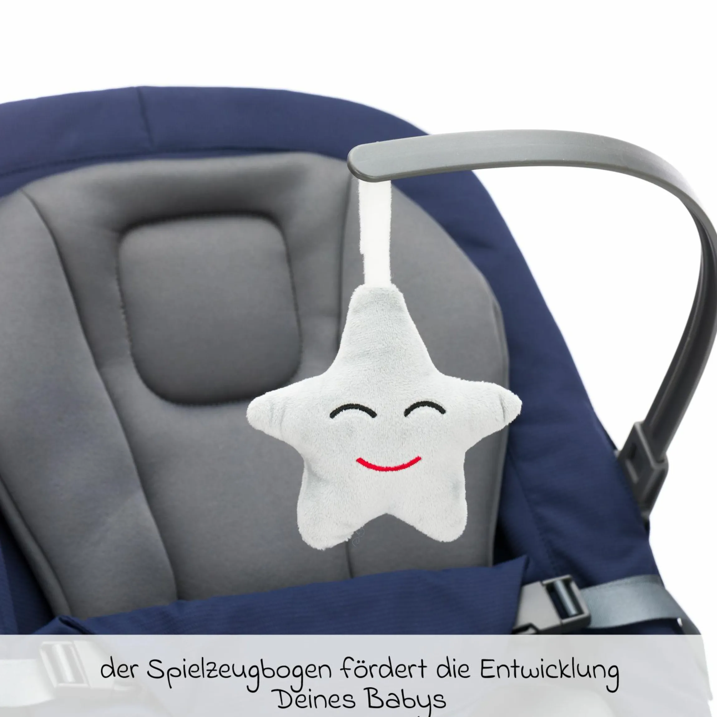 Babywippe Rocker mit 3 verstellbaren Positionen und Spielbügel mit Plüschfigur - Marine Grau