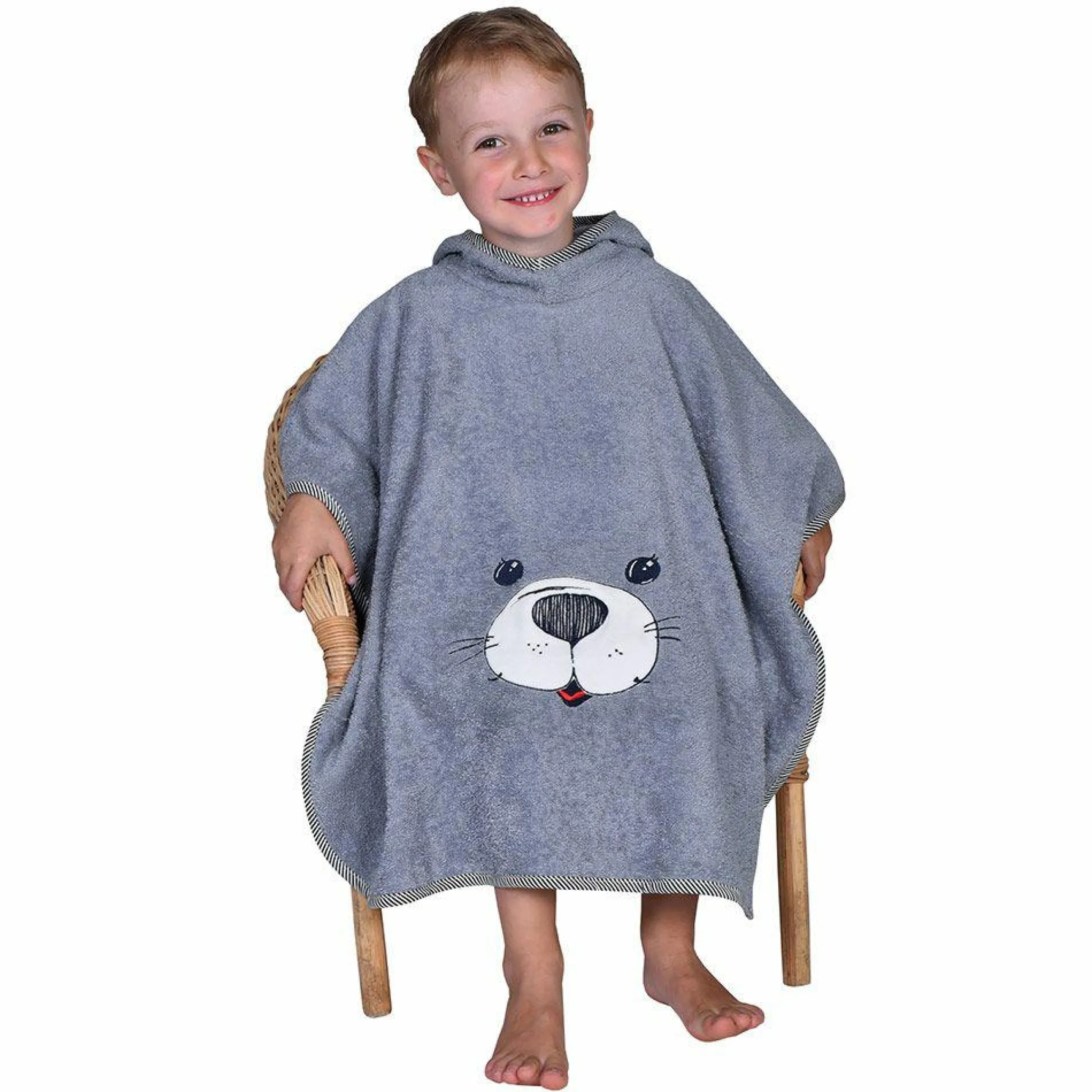 Bade-Poncho 75 x 60 cm - Stickerei Seehund - Grau Hellgrau