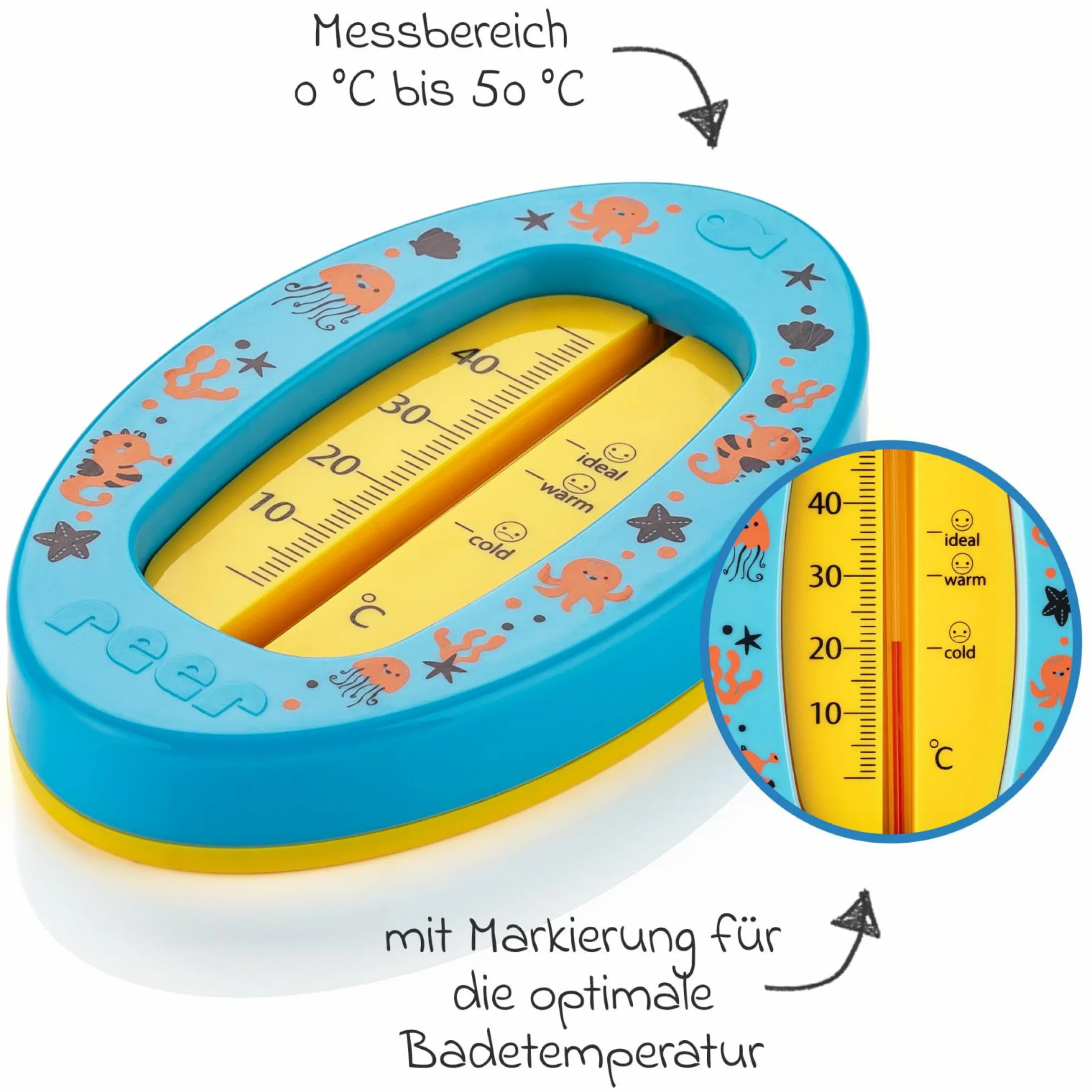 Badethermometer oval mit Markierung für die optimale Badethemperatur, quecksilberfrei - Blau