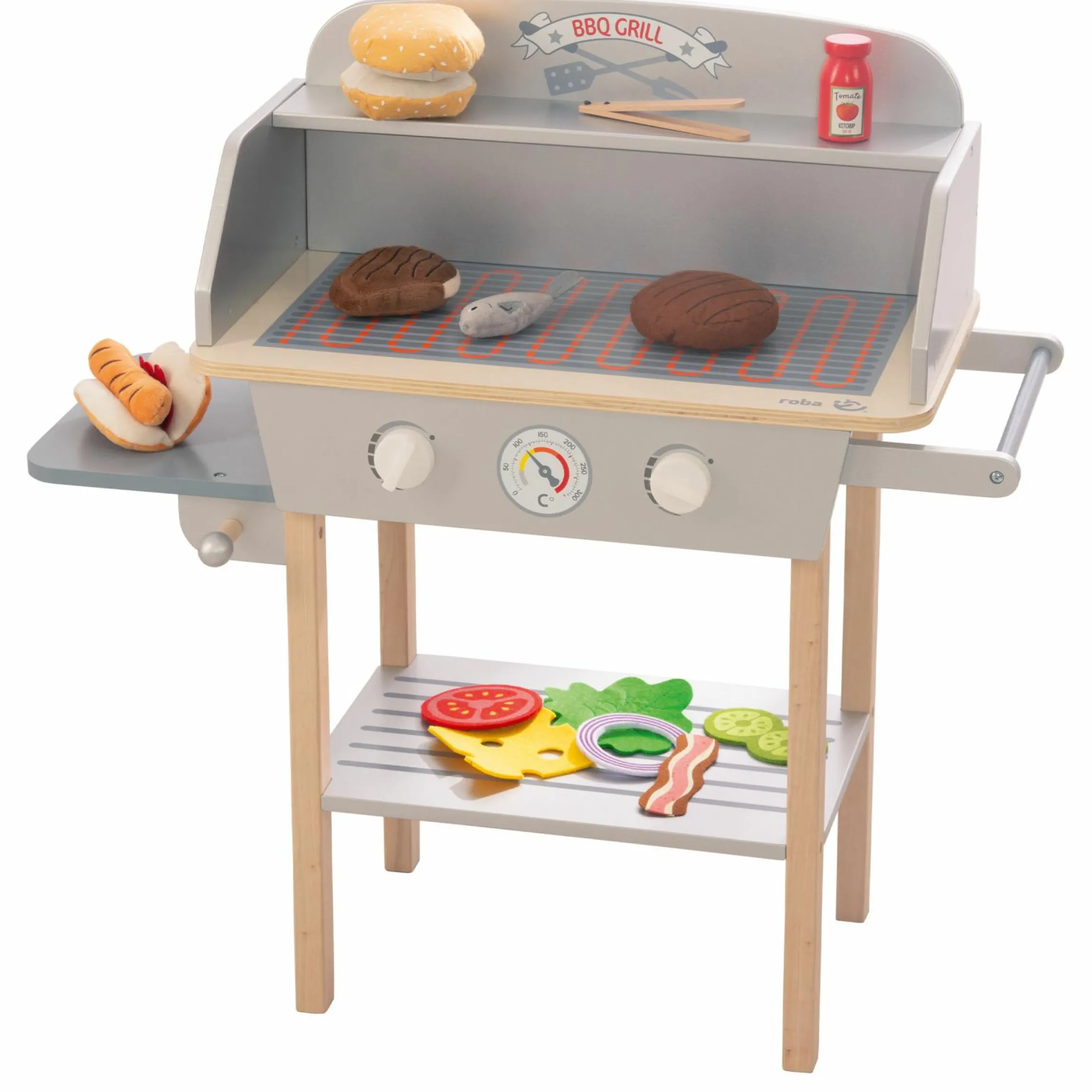 BBQ Grill mit Grillzange, Holz-Ketchupflasche inkl. 14 tlg Stoff-Zubehör - Grau Braun - Kollektion 2025