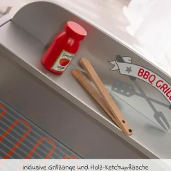 BBQ Grill mit Grillzange, Holz-Ketchupflasche inkl. 14 tlg Stoff-Zubehör - Grau Braun - Kollektion 2025