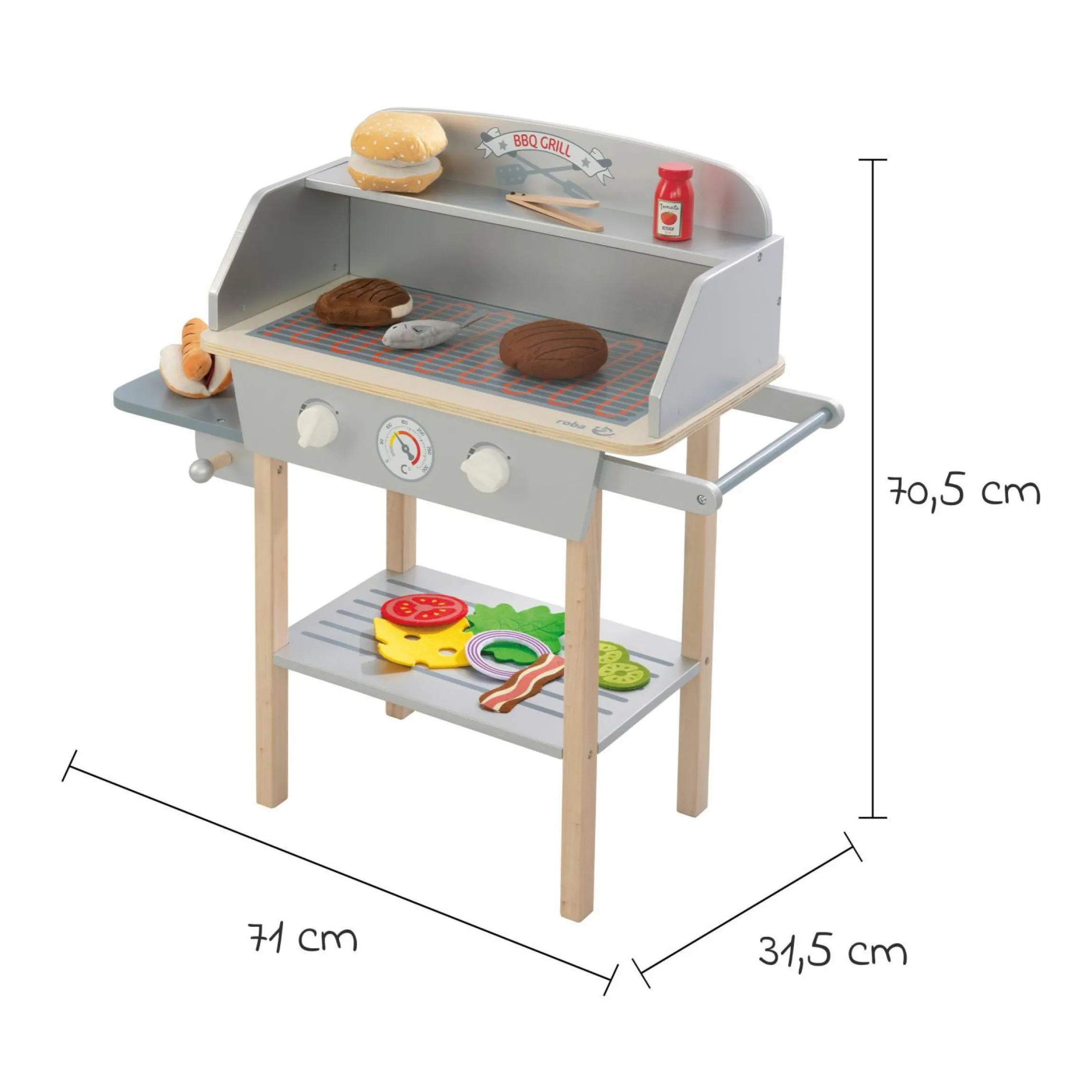 BBQ Grill mit Grillzange, Holz-Ketchupflasche inkl. 14 tlg Stoff-Zubehör - Grau Braun - Kollektion 2025