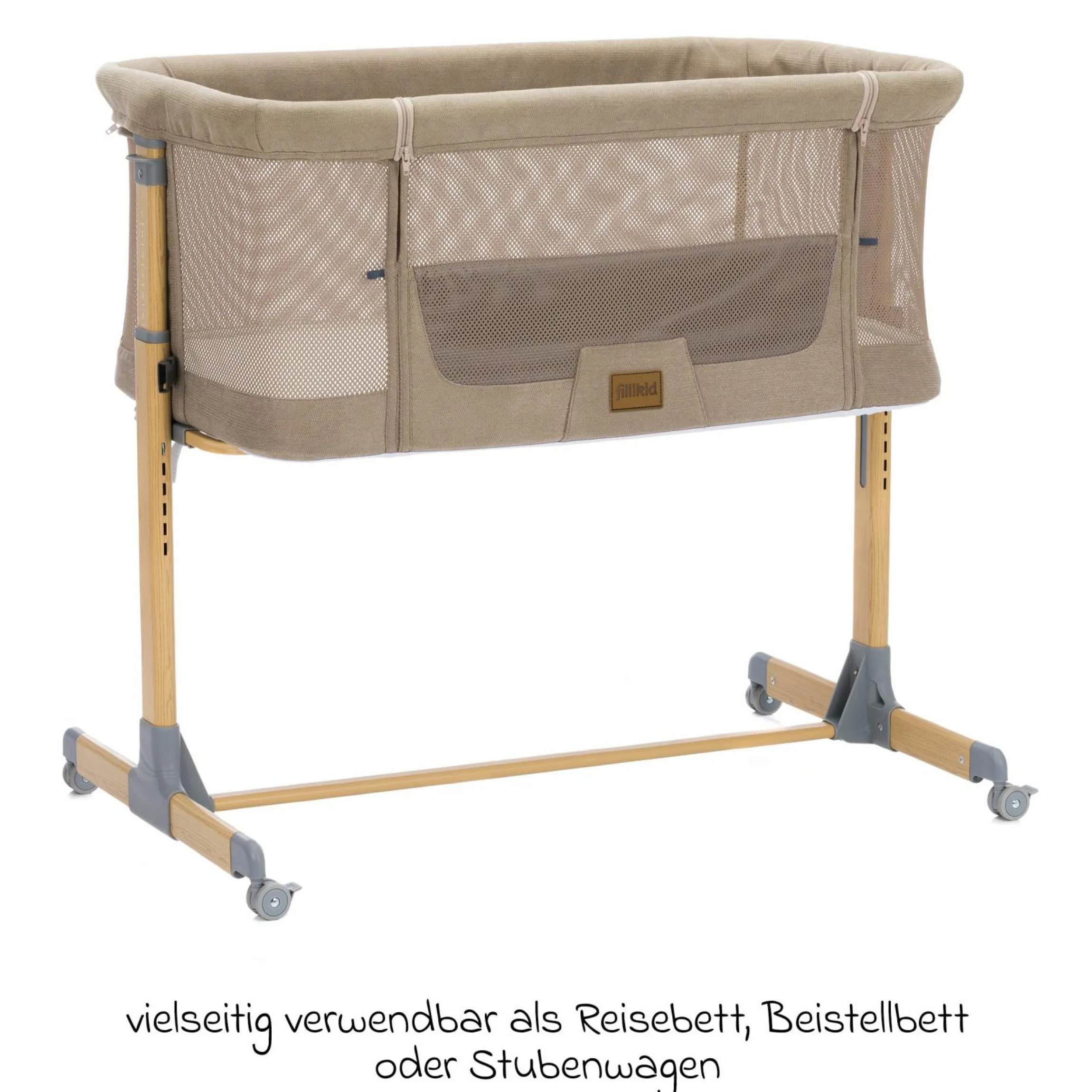 Beistellbett Crip 6-fach höhenverstellbar mit Netzstoff für optimale Luftzirkulation & 4 Rollen - Caramel