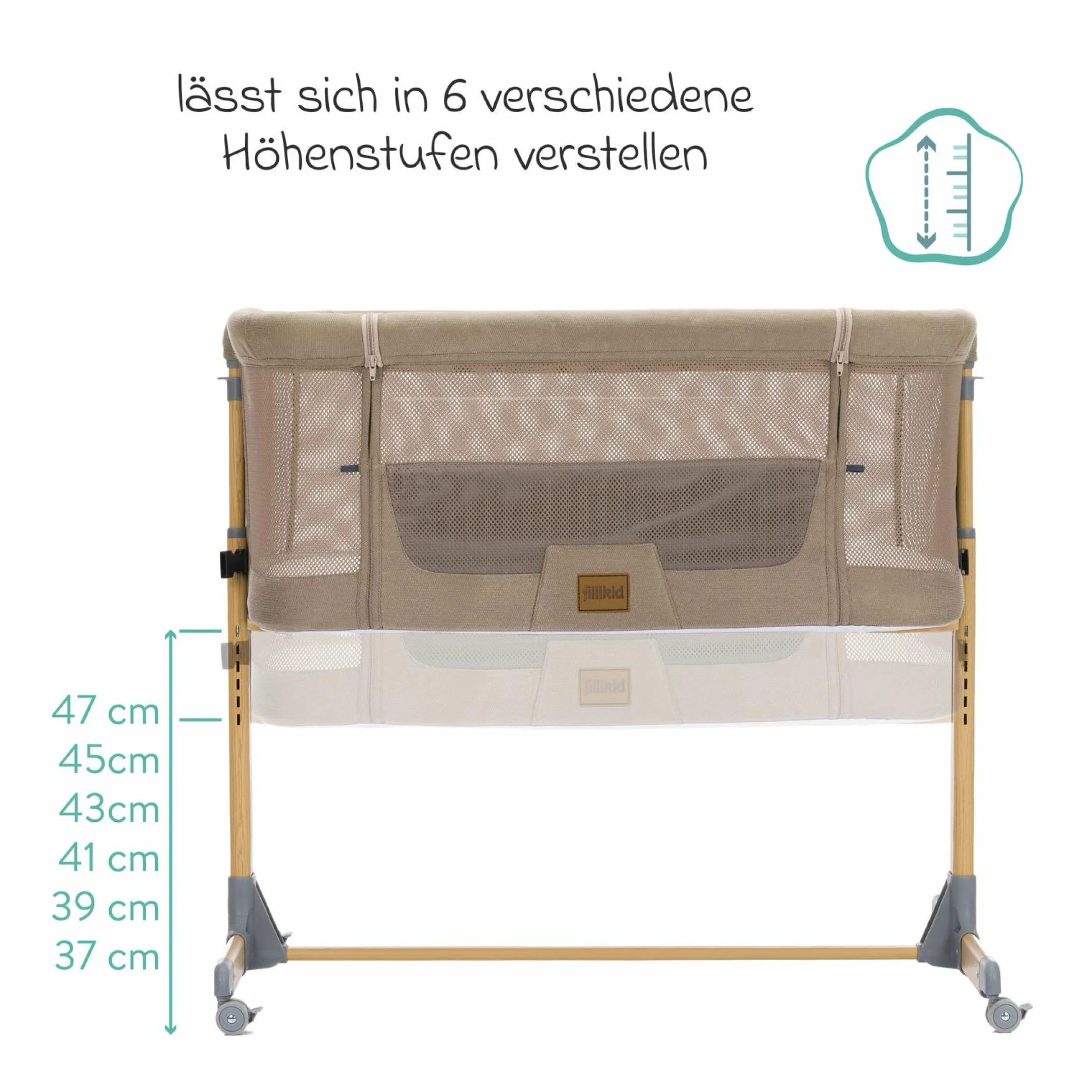 Beistellbett Crip 6-fach höhenverstellbar mit Netzstoff für optimale Luftzirkulation & 4 Rollen - Caramel