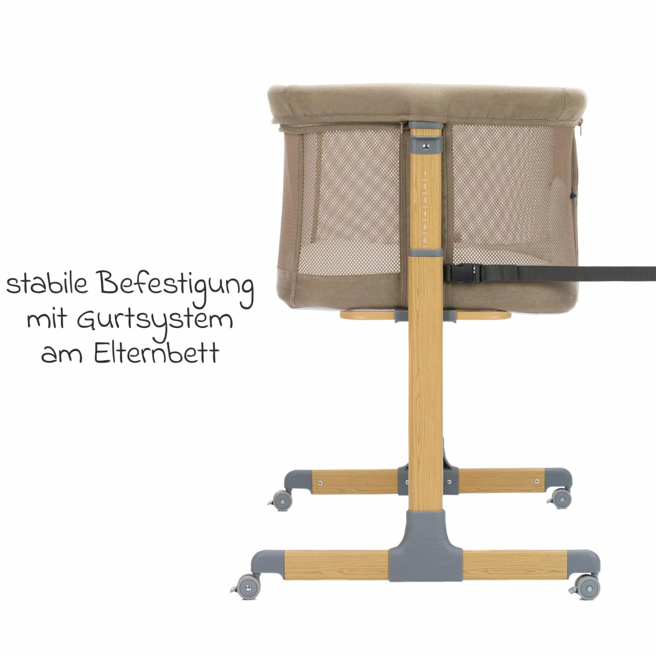 Beistellbett Crip 6-fach höhenverstellbar mit Netzstoff für optimale Luftzirkulation & 4 Rollen - Caramel