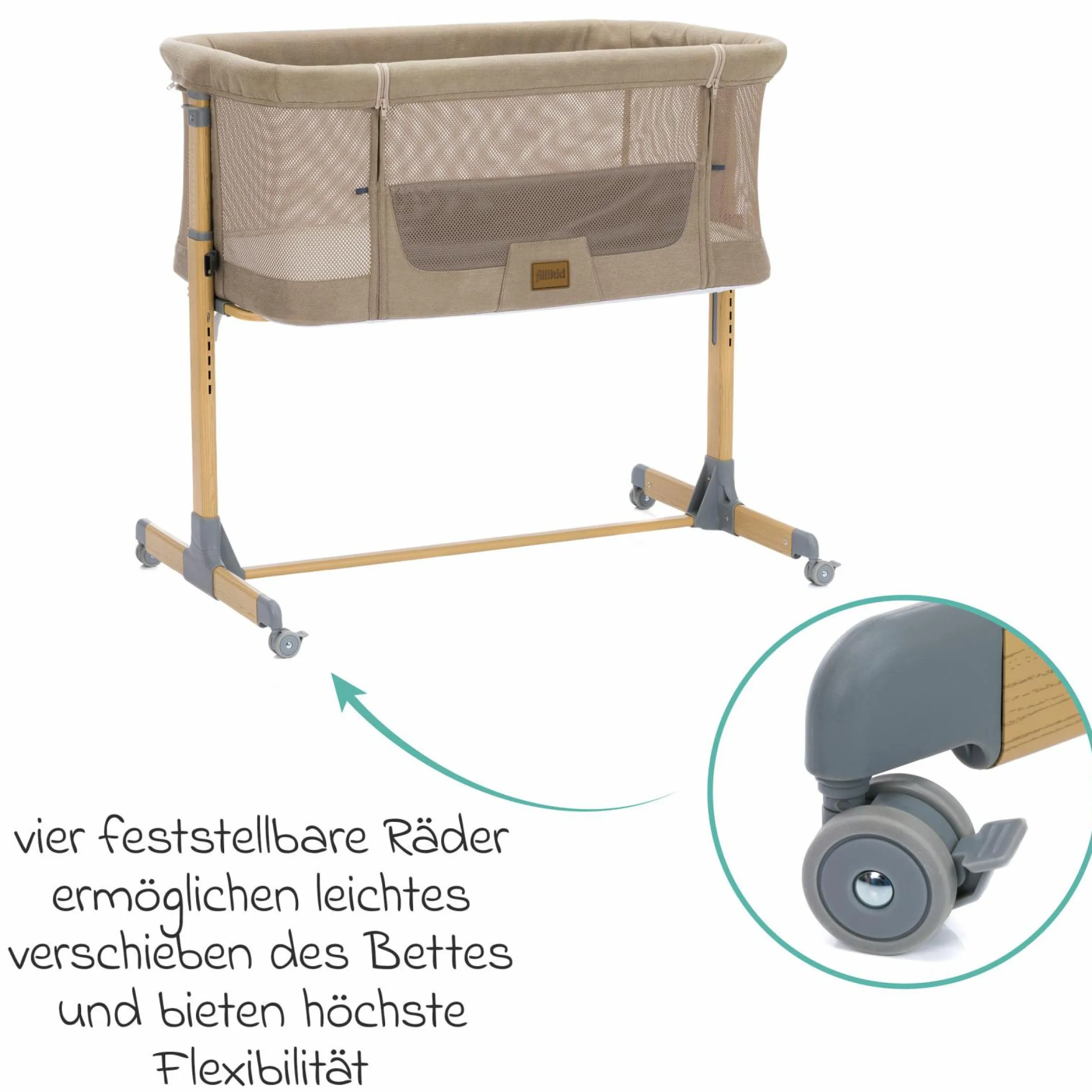 Beistellbett Crip 6-fach höhenverstellbar mit Netzstoff für optimale Luftzirkulation & 4 Rollen - Caramel