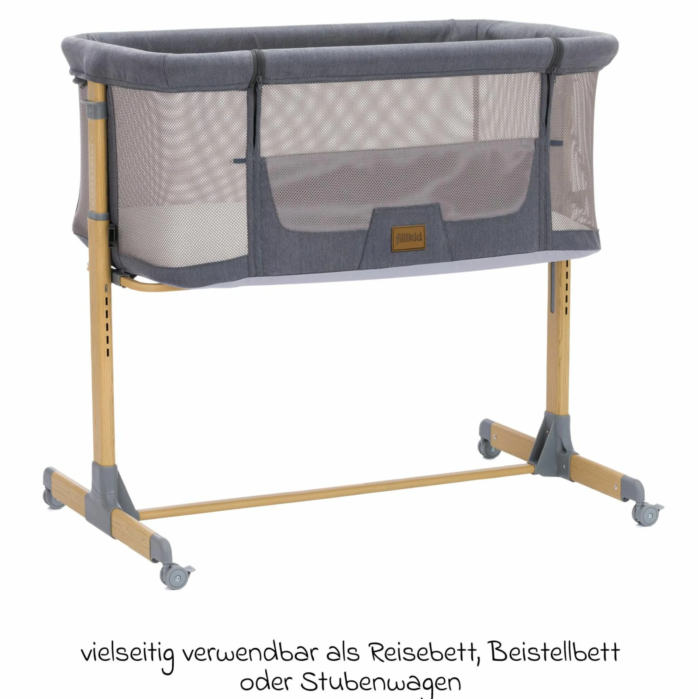 Beistellbett Crip 6-fach höhenverstellbar mit Netzstoff für optimale Luftzirkulation & 4 Rollen - Grau