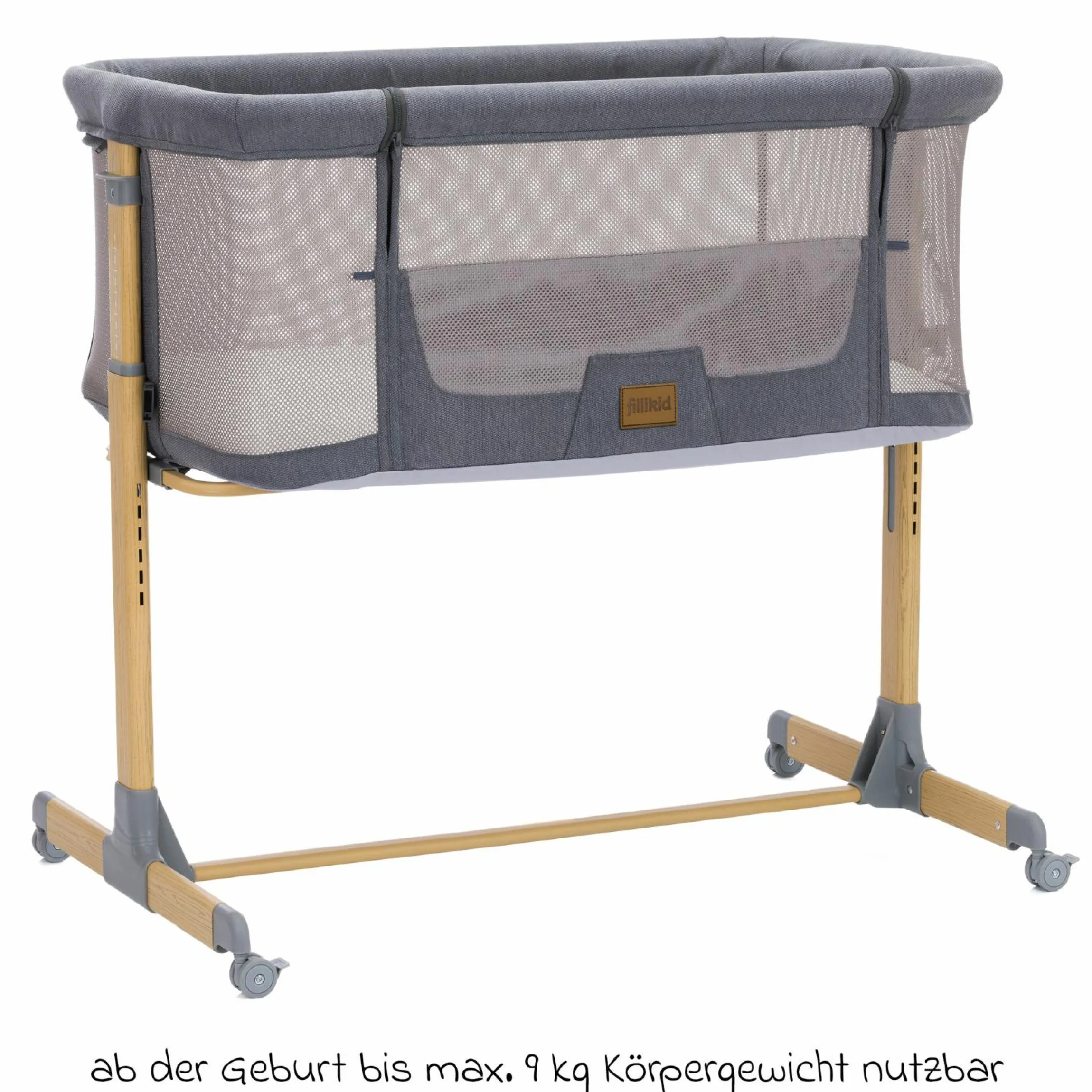 Beistellbett Crip 6-fach höhenverstellbar mit Netzstoff für optimale Luftzirkulation & 4 Rollen - Grau