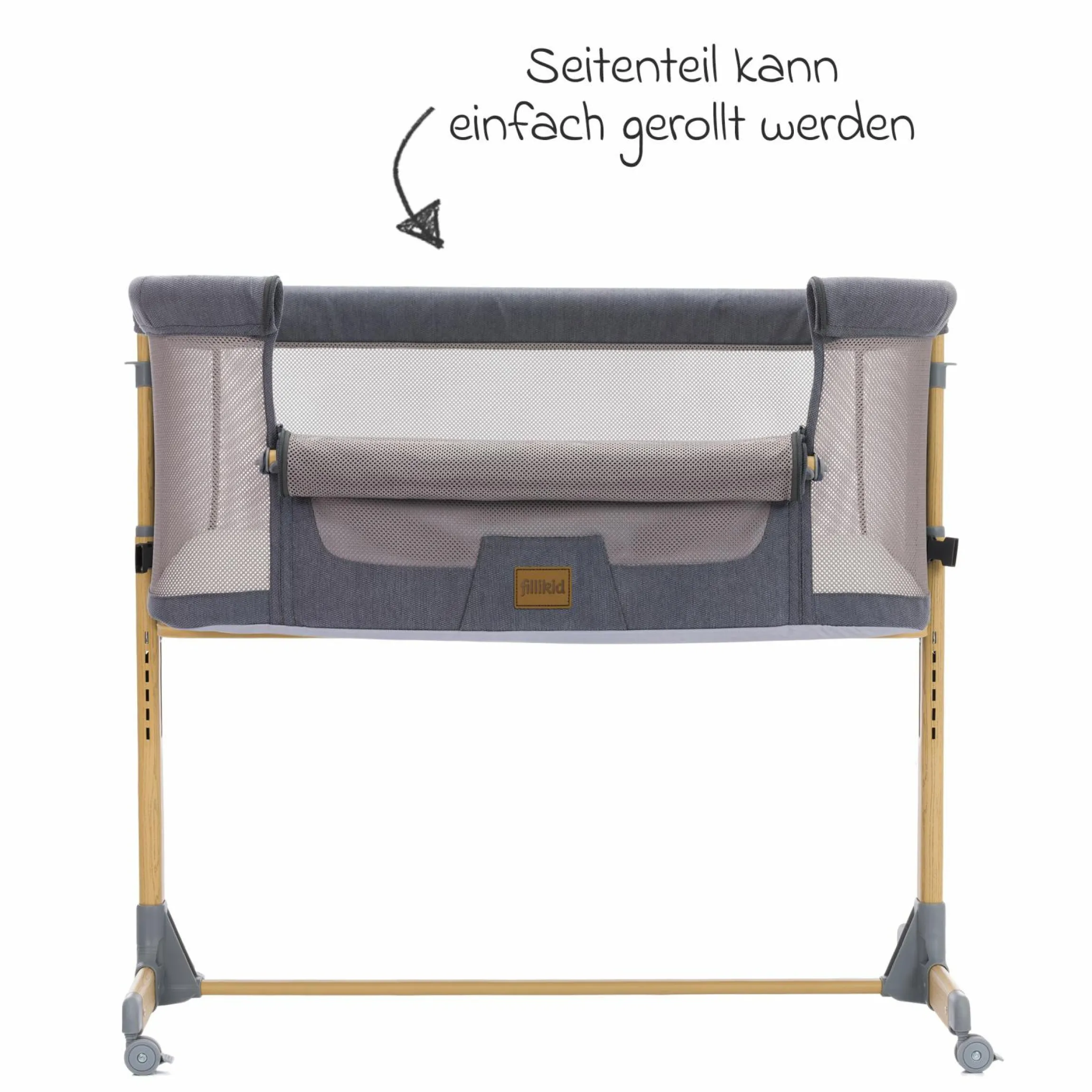 Beistellbett Crip 6-fach höhenverstellbar mit Netzstoff für optimale Luftzirkulation & 4 Rollen - Grau