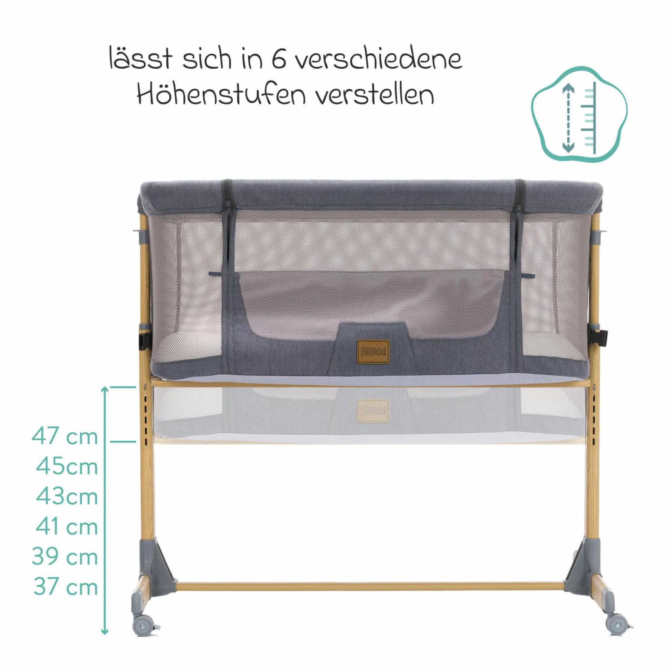 Beistellbett Crip 6-fach höhenverstellbar mit Netzstoff für optimale Luftzirkulation & 4 Rollen - Grau