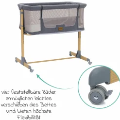 Beistellbett Crip 6-fach höhenverstellbar mit Netzstoff für optimale Luftzirkulation & 4 Rollen - Grau