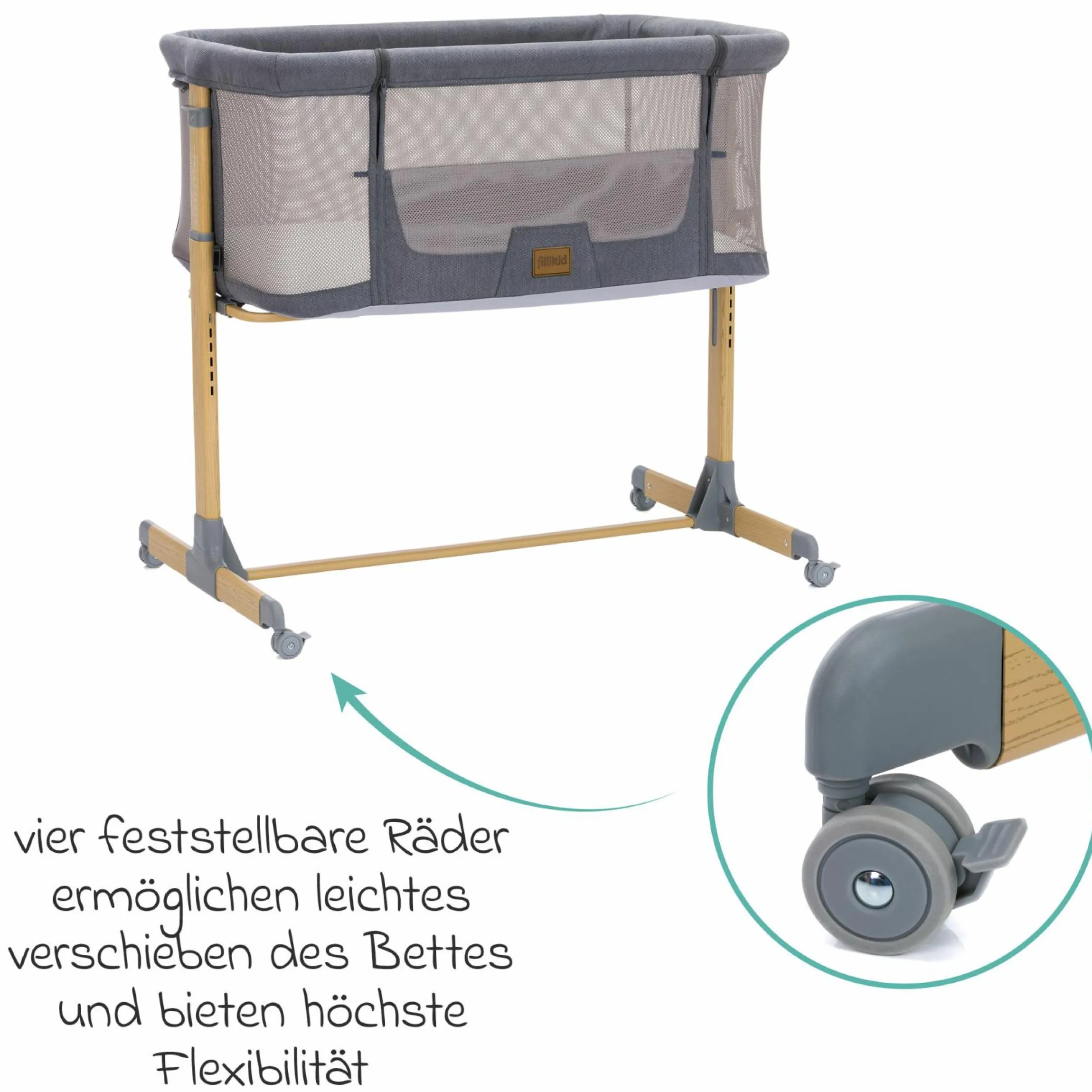 Beistellbett Crip 6-fach höhenverstellbar mit Netzstoff für optimale Luftzirkulation & 4 Rollen - Grau