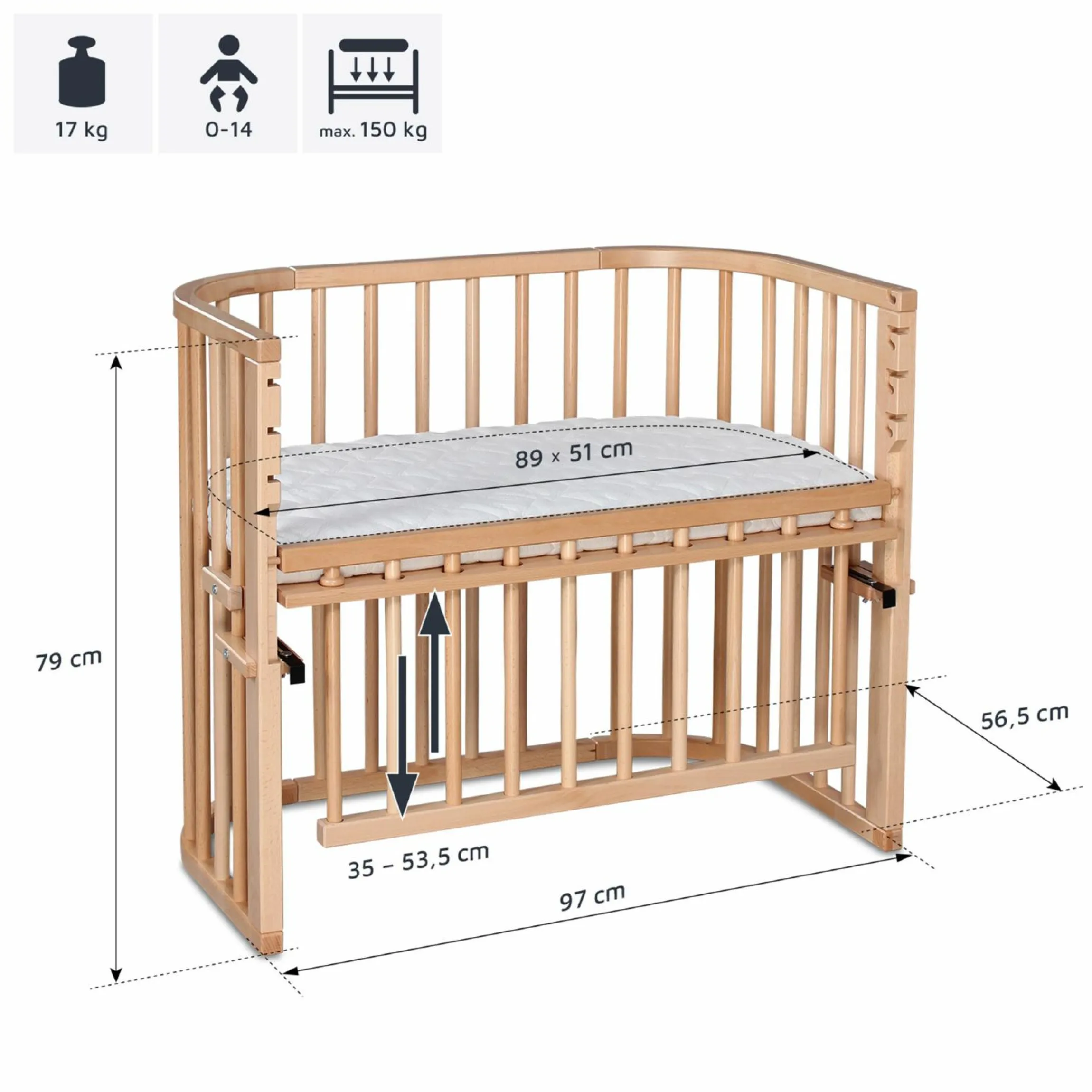 Beistellbett Maxi Comfort Plus - Natur lackiert - Kollektion 2024