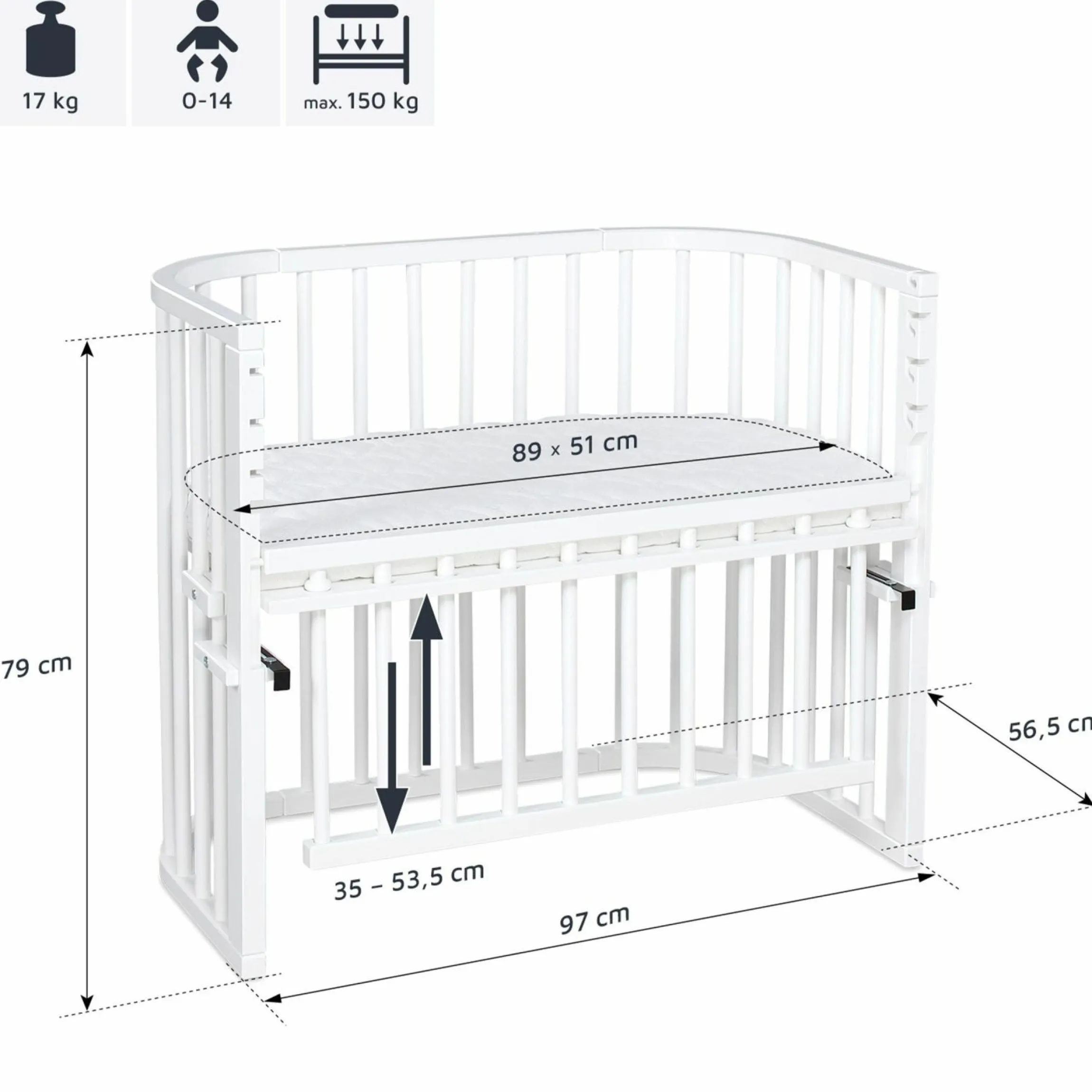 Beistellbett Maxi Comfort Plus - Weiß lackiert - Kollektion 2024