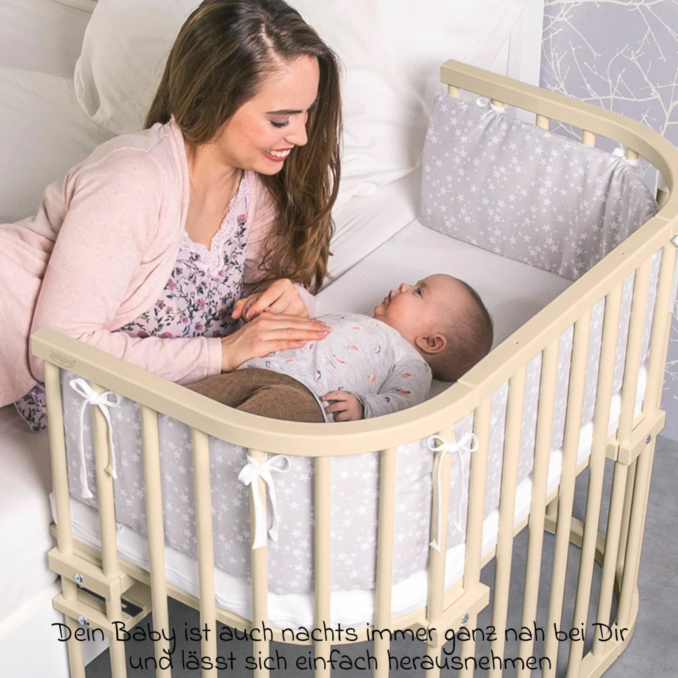 Beistellbett Maxi extra Groß - auch für Zwillinge - Beige lackiert - Kollektion 2024