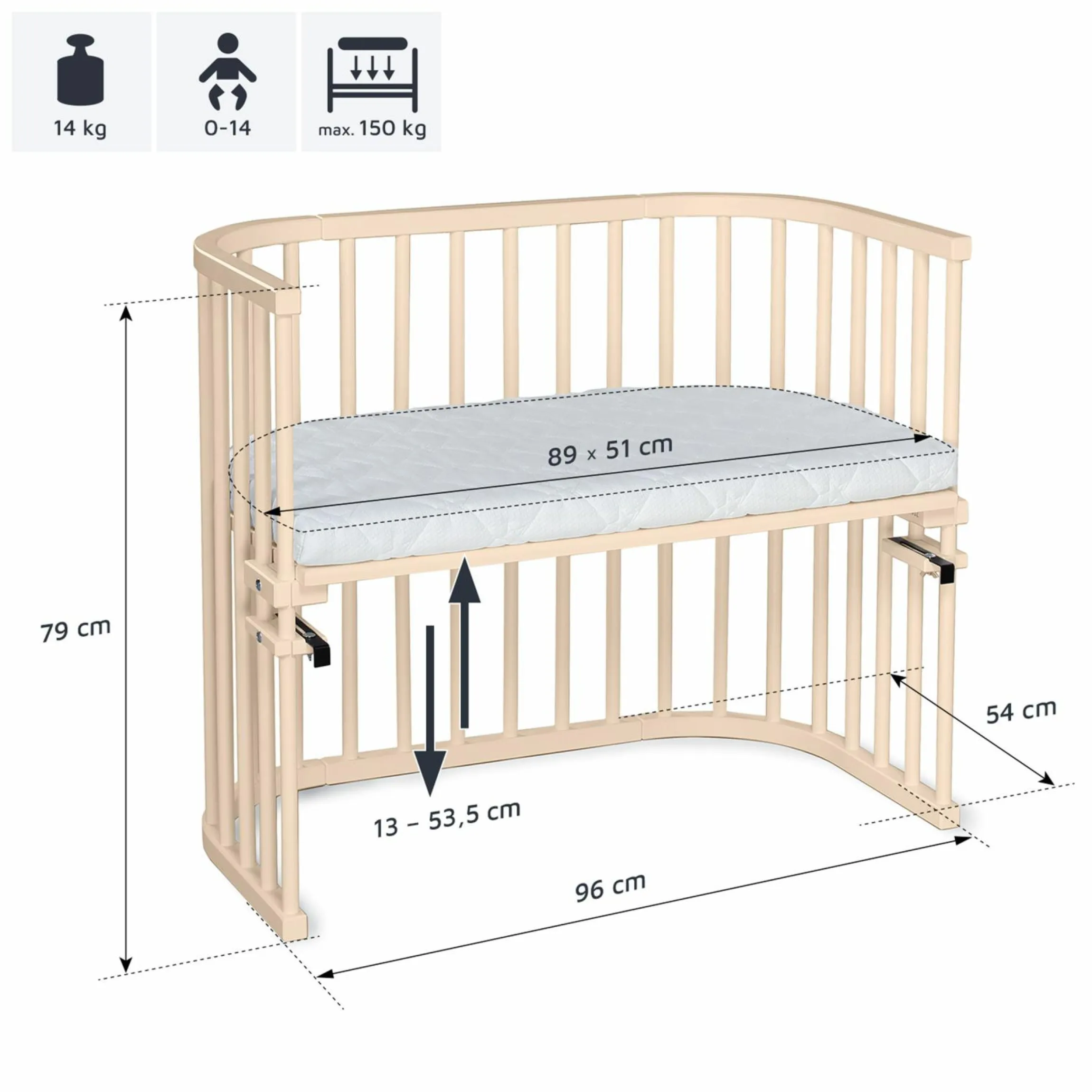 Beistellbett Maxi extra Groß - auch für Zwillinge - Beige lackiert - Kollektion 2024
