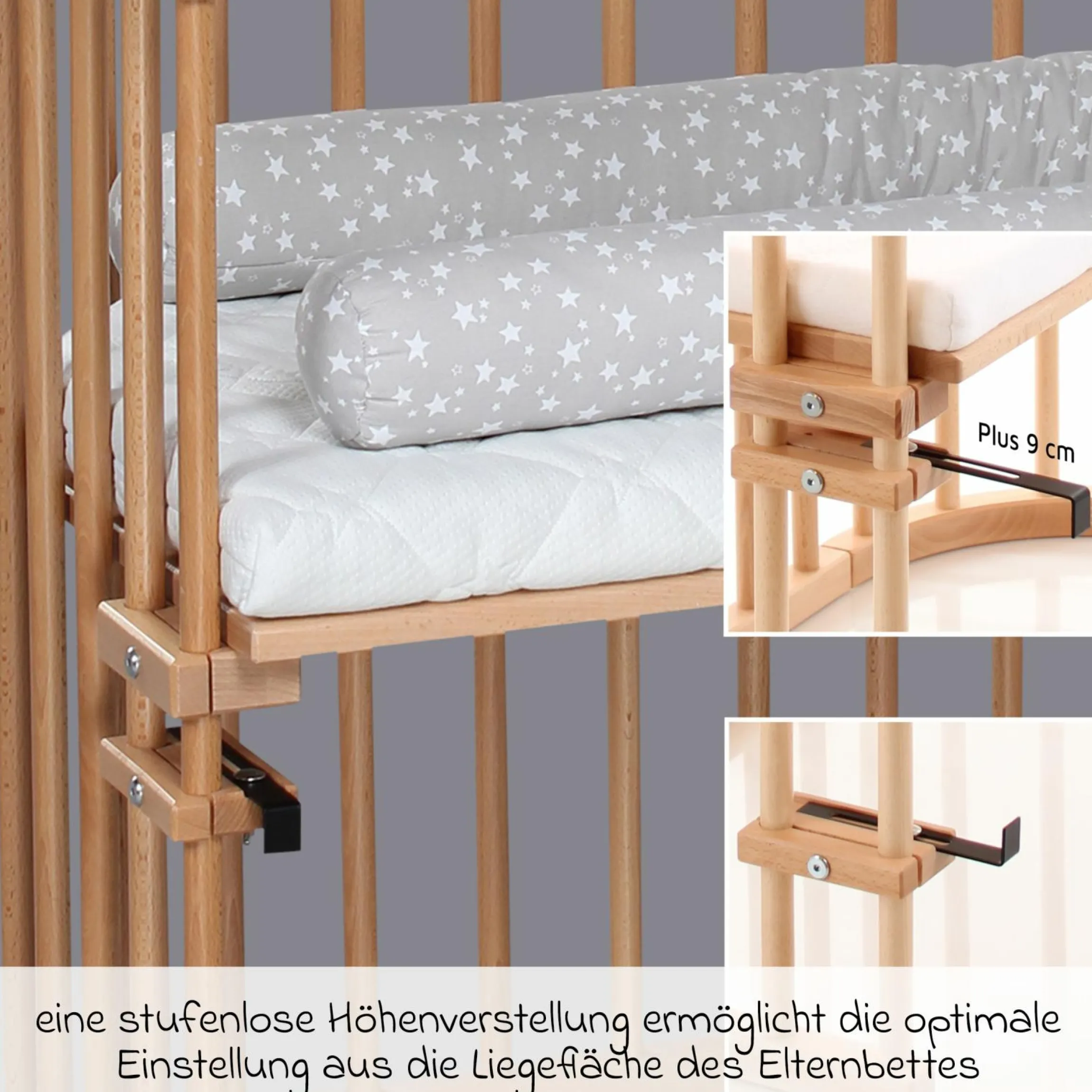 Beistellbett Maxi extra Groß - auch für Zwillinge - Natur lackiert - Kollektion 2024