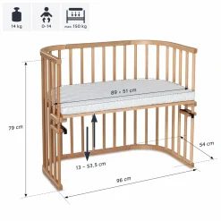 Beistellbett Maxi extra Groß - auch für Zwillinge - Natur lackiert - Kollektion 2024