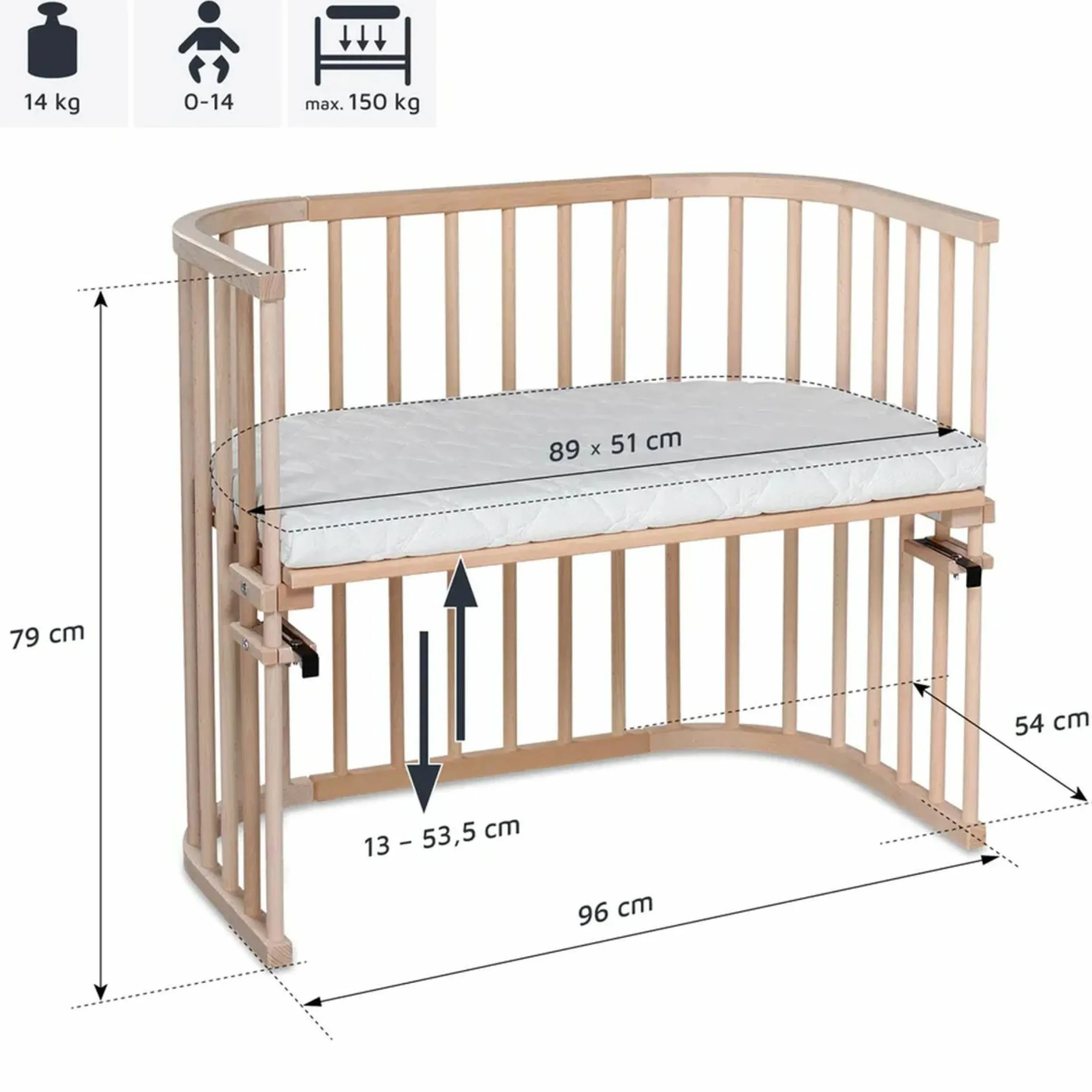 Beistellbett Maxi extra groß - auch für Zwillinge inkl. Gratis Matratze Classic Soft - Natur unbehandelt - Kollektion 2024