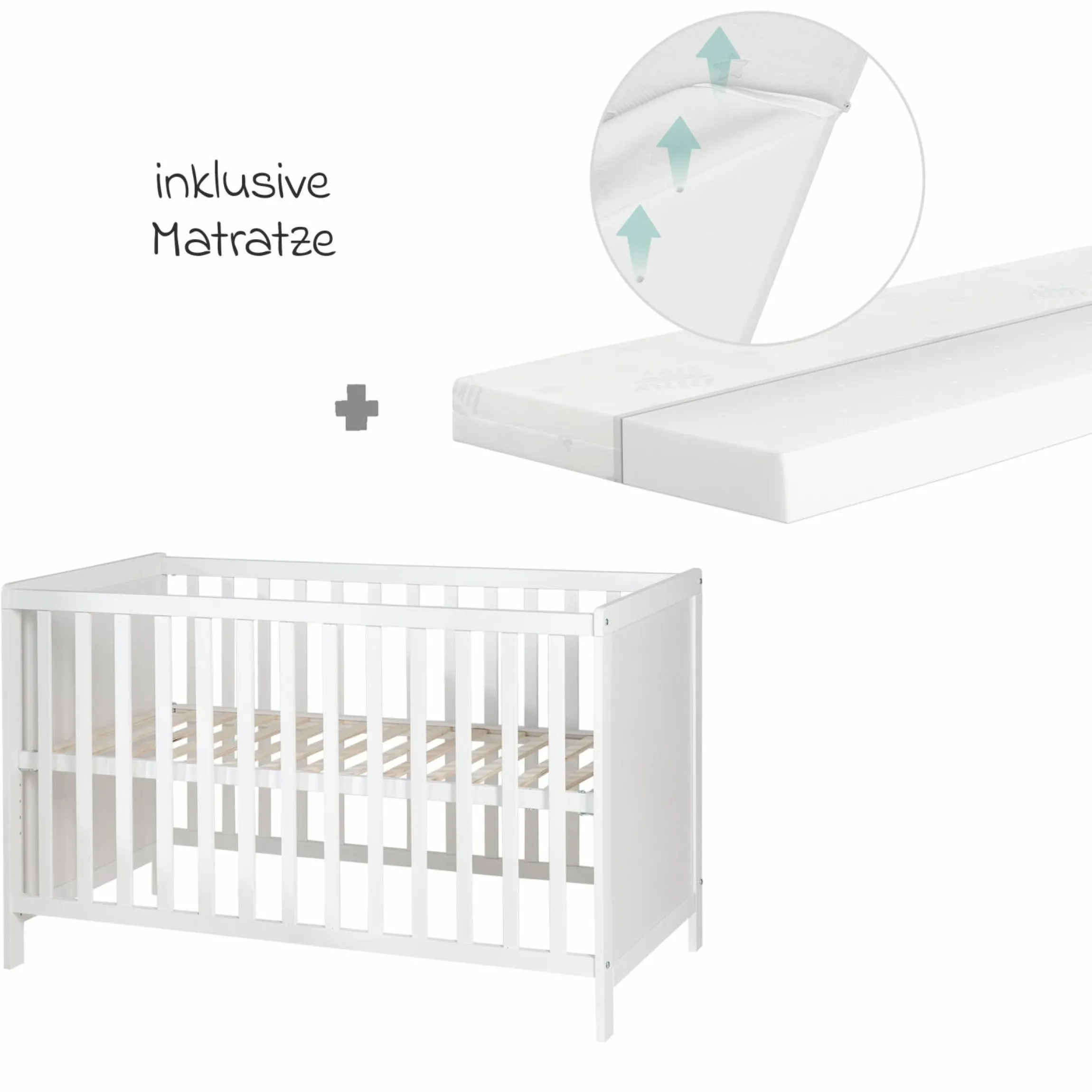 Beistellbett mit safe asleep Matratze, 6-fach höhenverstellbarem Lattenrost & 5 Schlupfsprossen 60 x 120 cm - Universal - Weiß
