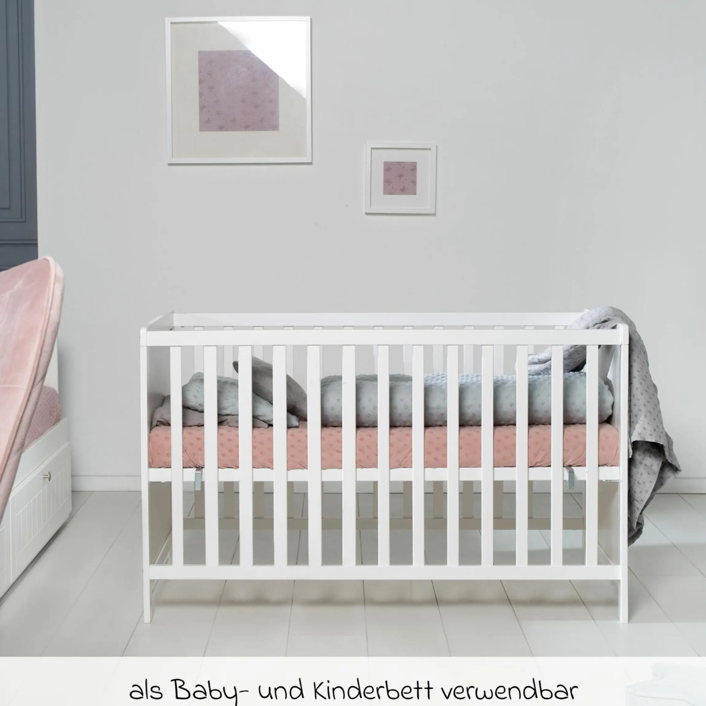 Beistellbett mit safe asleep Matratze, 6-fach höhenverstellbarem Lattenrost & 5 Schlupfsprossen 60 x 120 cm - Universal - Weiß