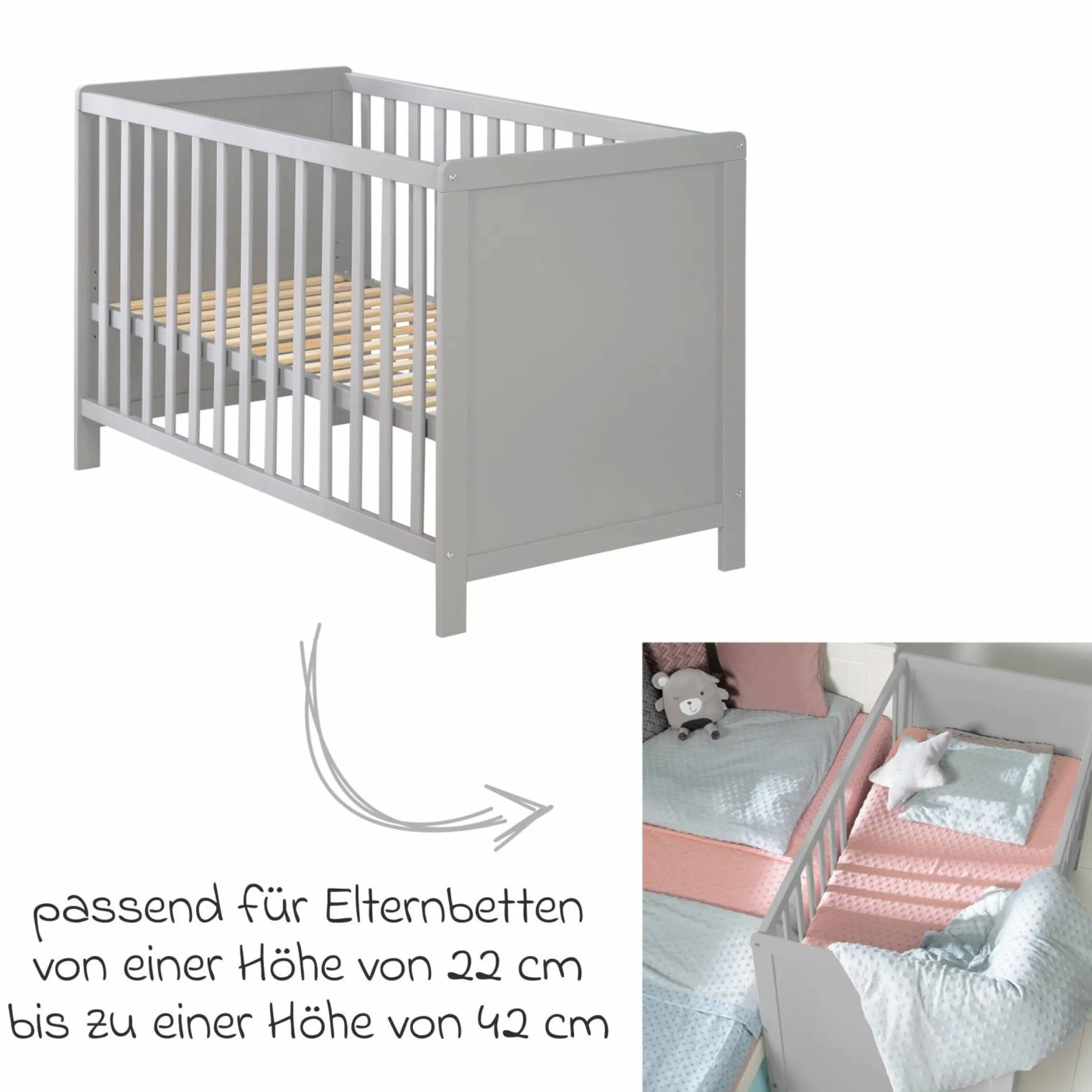 Beistellbett mit safe asleep Matratze, 6-fach höhenverstellbarem Lattenrost & 5 Schlupfsprossen 60 x 120 cm - Universal - Taupe