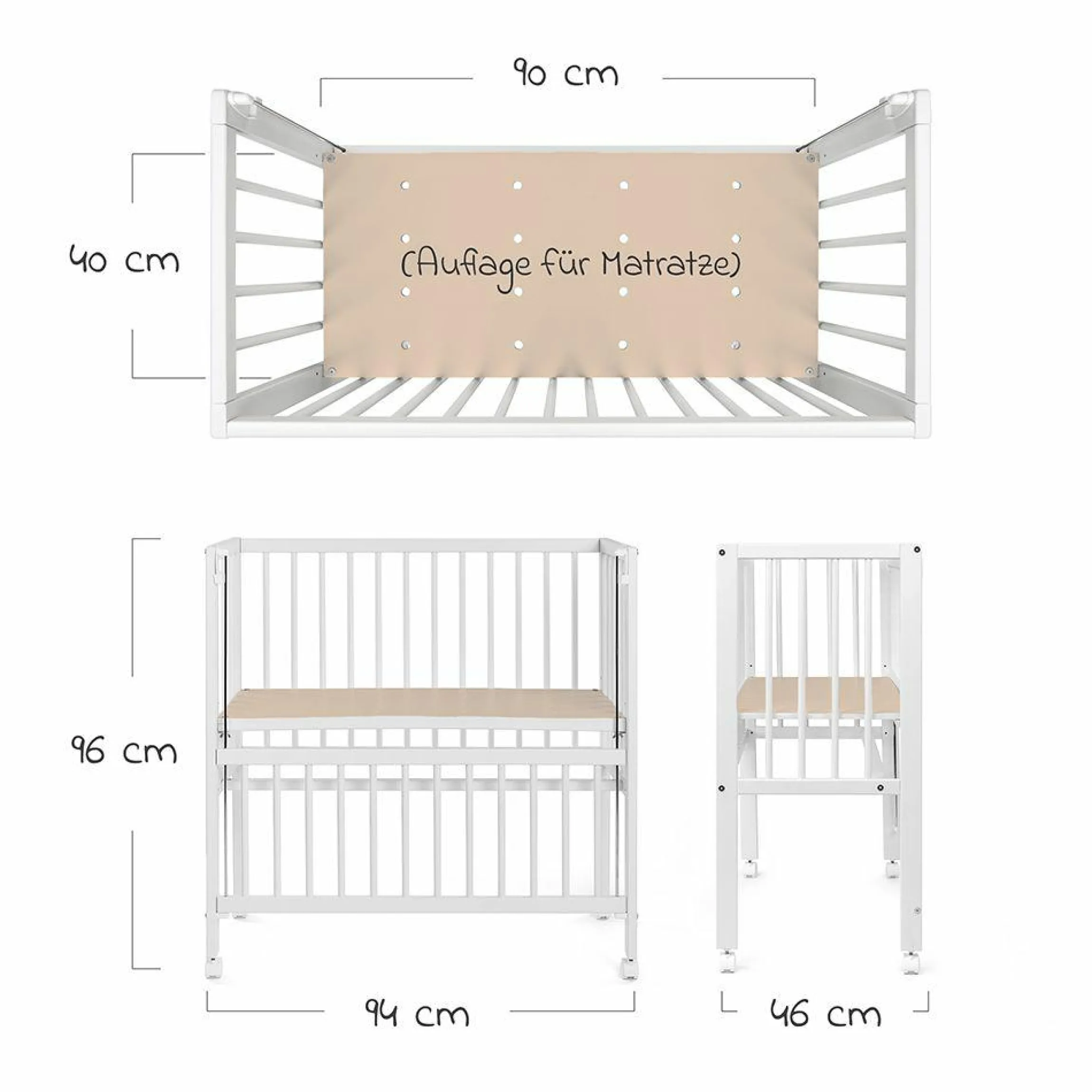 Beistellbett Premium Vario 2in1 - (auch für Boxspringbetten) - Weiß