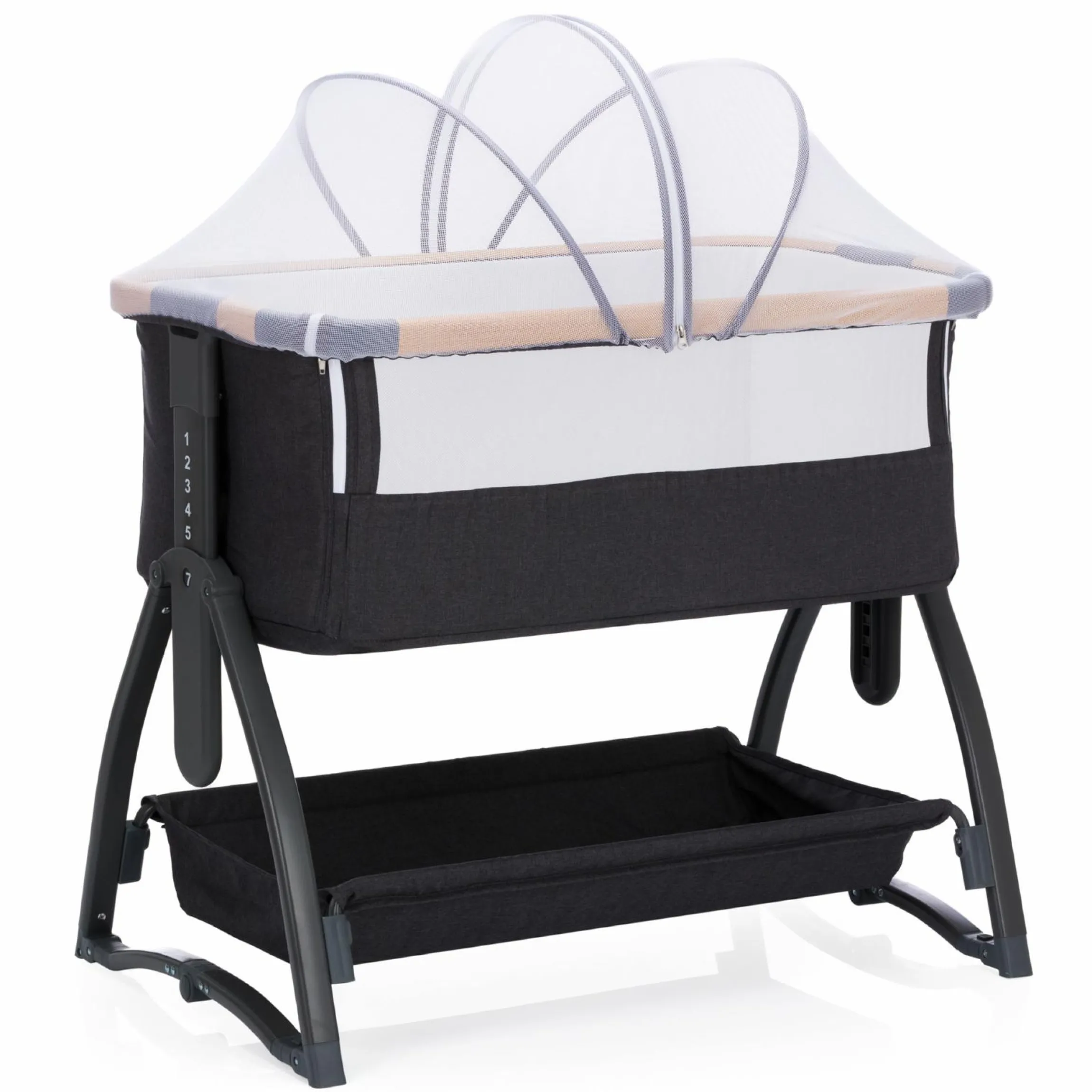 Beistellbett Scandic mit Wippfunktion, höhenverstellbar inkl. Matratze, Innenbezg & Mückennetz - Grau Melange