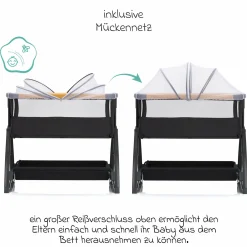 Beistellbett Scandic mit Wippfunktion, höhenverstellbar inkl. Matratze, Innenbezg & Mückennetz - Grau Melange