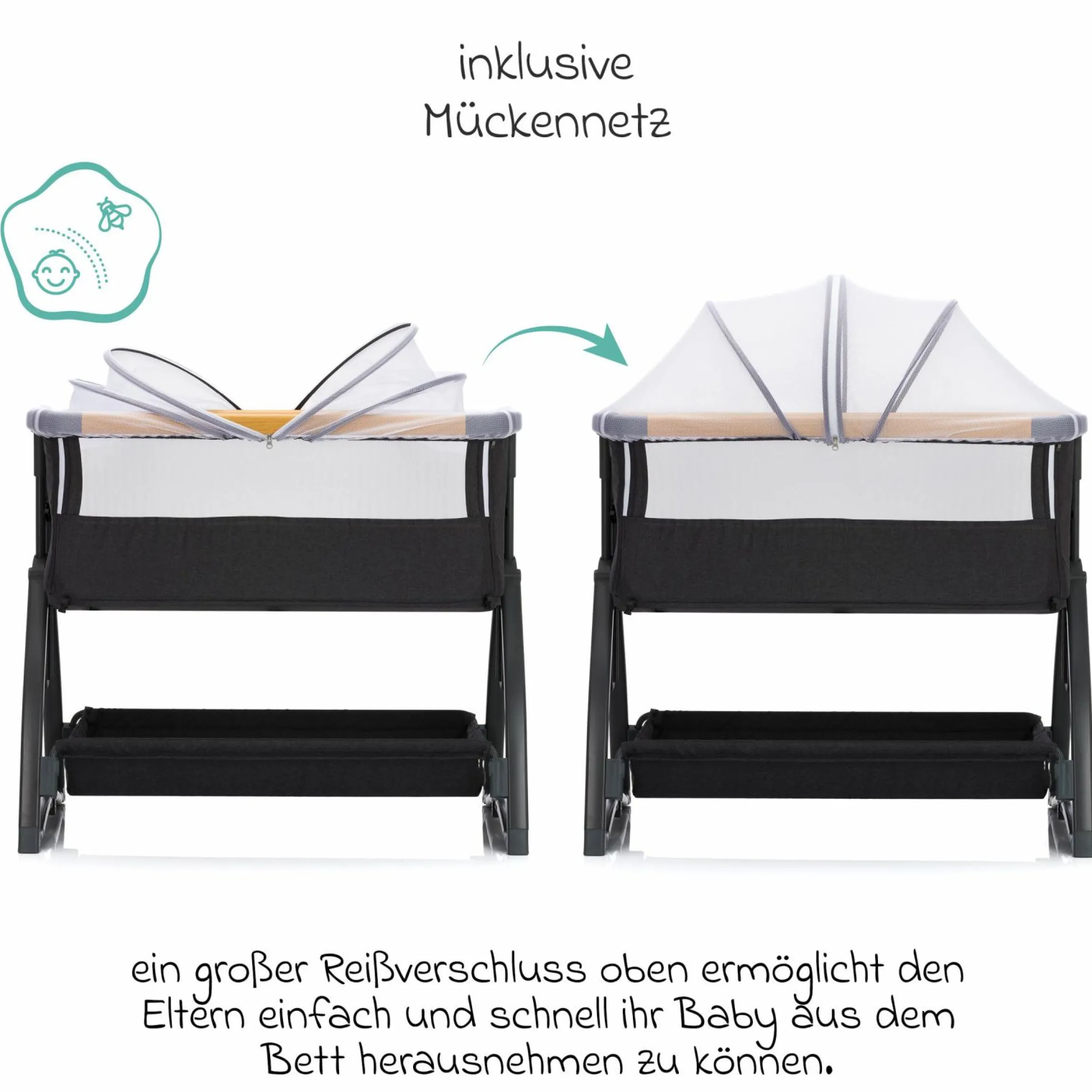 Beistellbett Scandic mit Wippfunktion, höhenverstellbar inkl. Matratze, Innenbezg & Mückennetz - Grau Melange