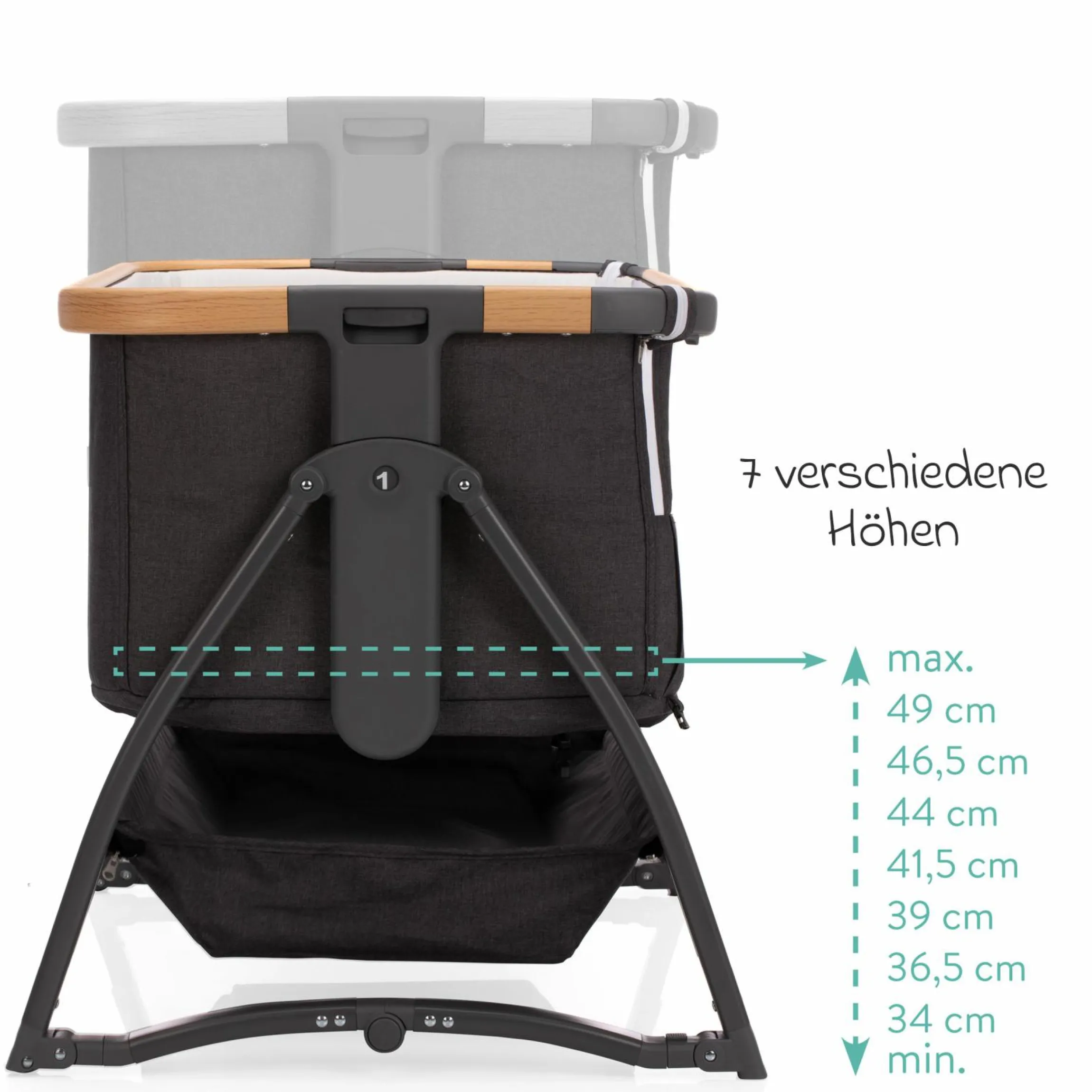 Beistellbett Scandic mit Wippfunktion, höhenverstellbar inkl. Matratze, Innenbezg & Mückennetz - Grau Melange