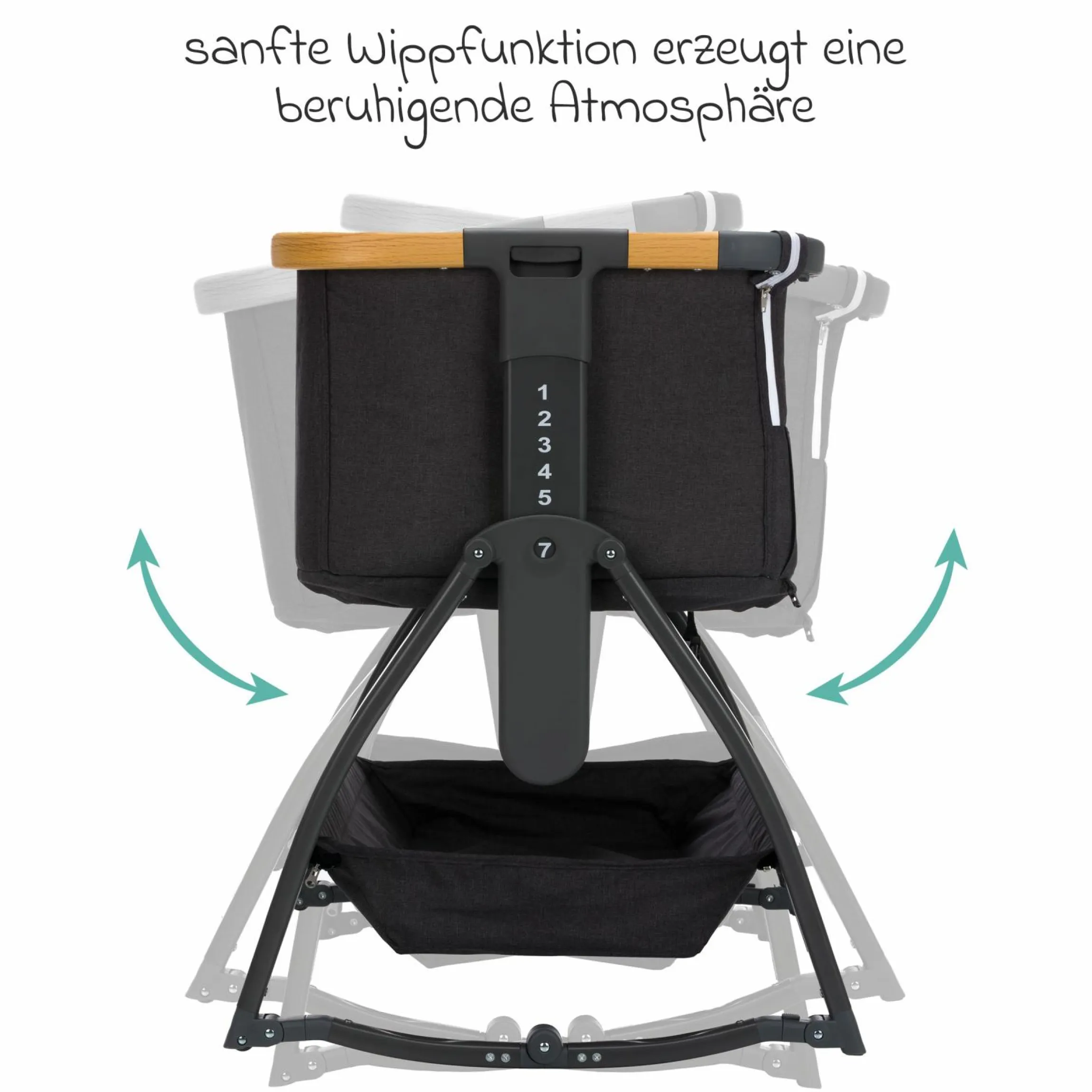 Beistellbett Scandic mit Wippfunktion, höhenverstellbar inkl. Matratze, Innenbezg & Mückennetz - Grau Melange