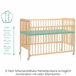 Beistellgitterbett Nena aus massivem Buchenholz mit 4 feststellbaren Rollen 60 x 120 cm - Natur
