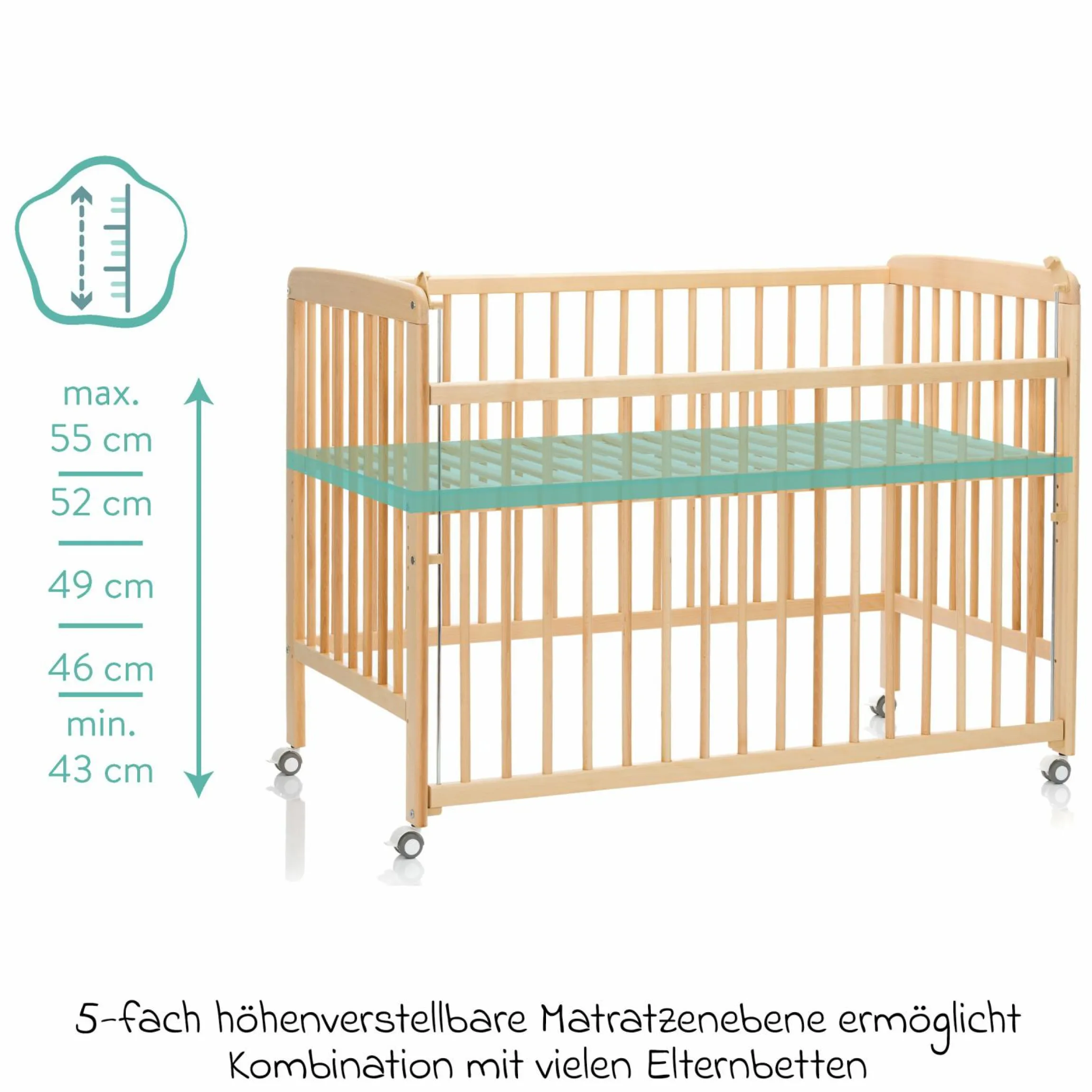 Beistellgitterbett Nena aus massivem Buchenholz mit 4 feststellbaren Rollen 60 x 120 cm - Natur