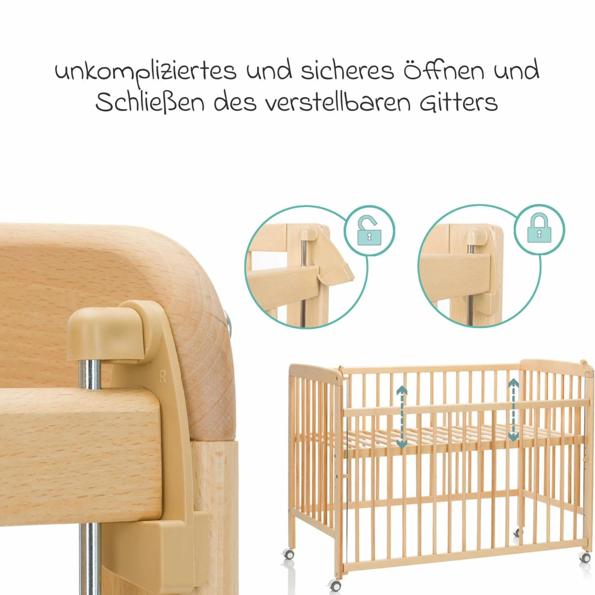 Beistellgitterbett Nena aus massivem Buchenholz mit 4 feststellbaren Rollen 60 x 120 cm - Natur