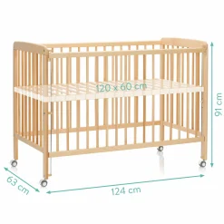 Beistellgitterbett Nena aus massivem Buchenholz mit 4 feststellbaren Rollen 60 x 120 cm - Natur