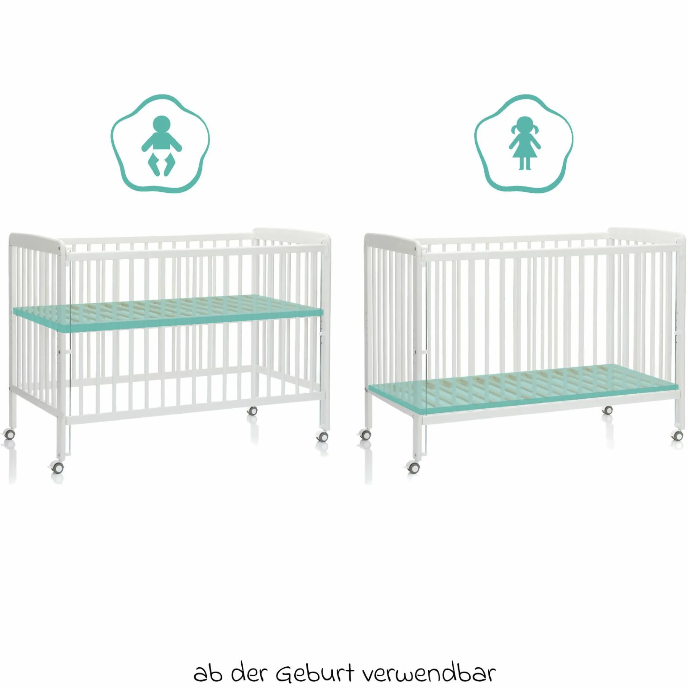 Beistellgitterbett Nena aus massivem Buchenholz mit 4 feststellbaren Rollen 60 x 120 cm - Weiß
