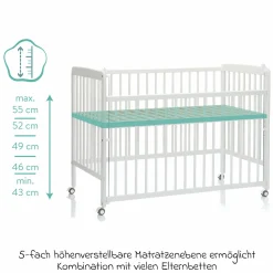 Beistellgitterbett Nena aus massivem Buchenholz mit 4 feststellbaren Rollen 60 x 120 cm - Weiß