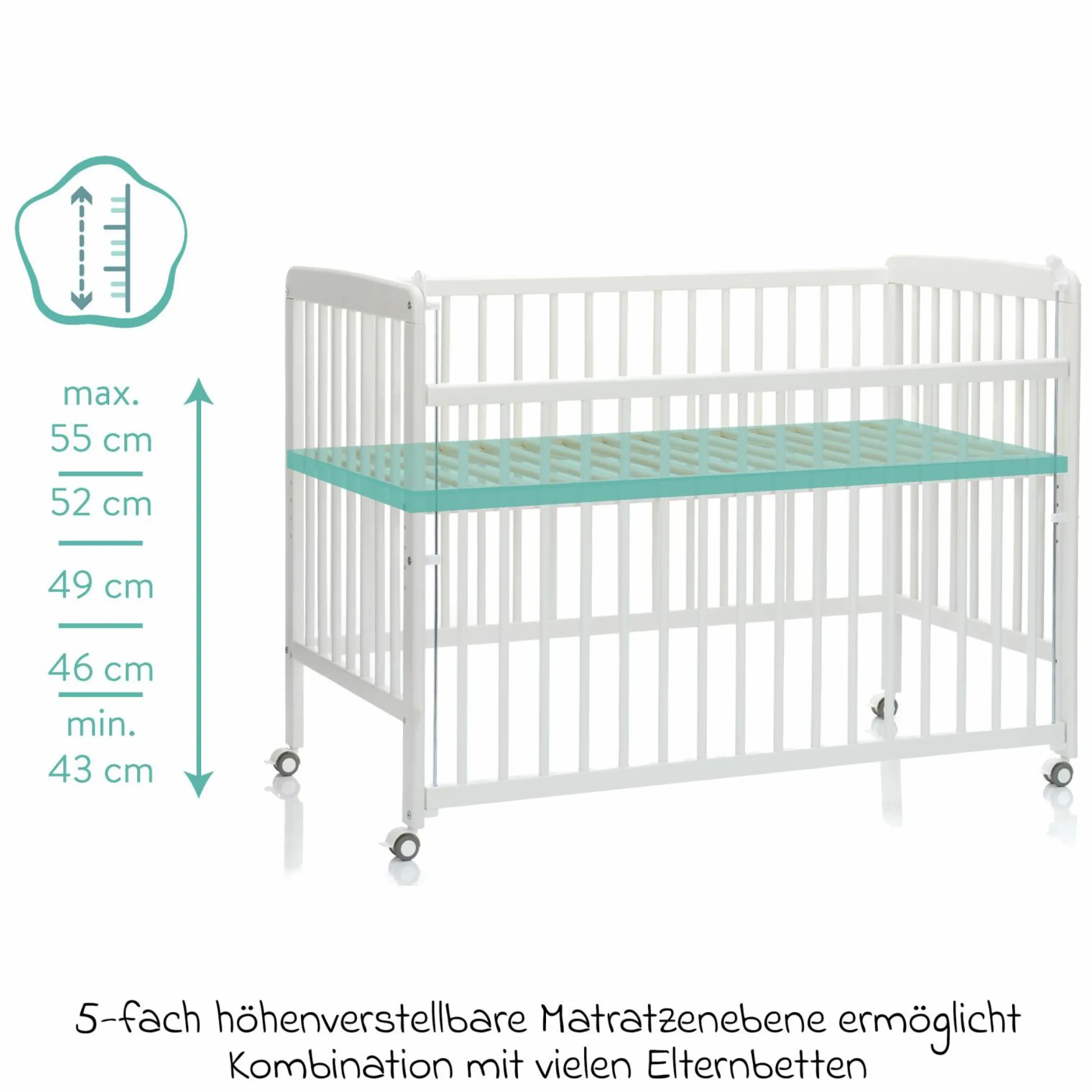 Beistellgitterbett Nena aus massivem Buchenholz mit 4 feststellbaren Rollen 60 x 120 cm - Weiß