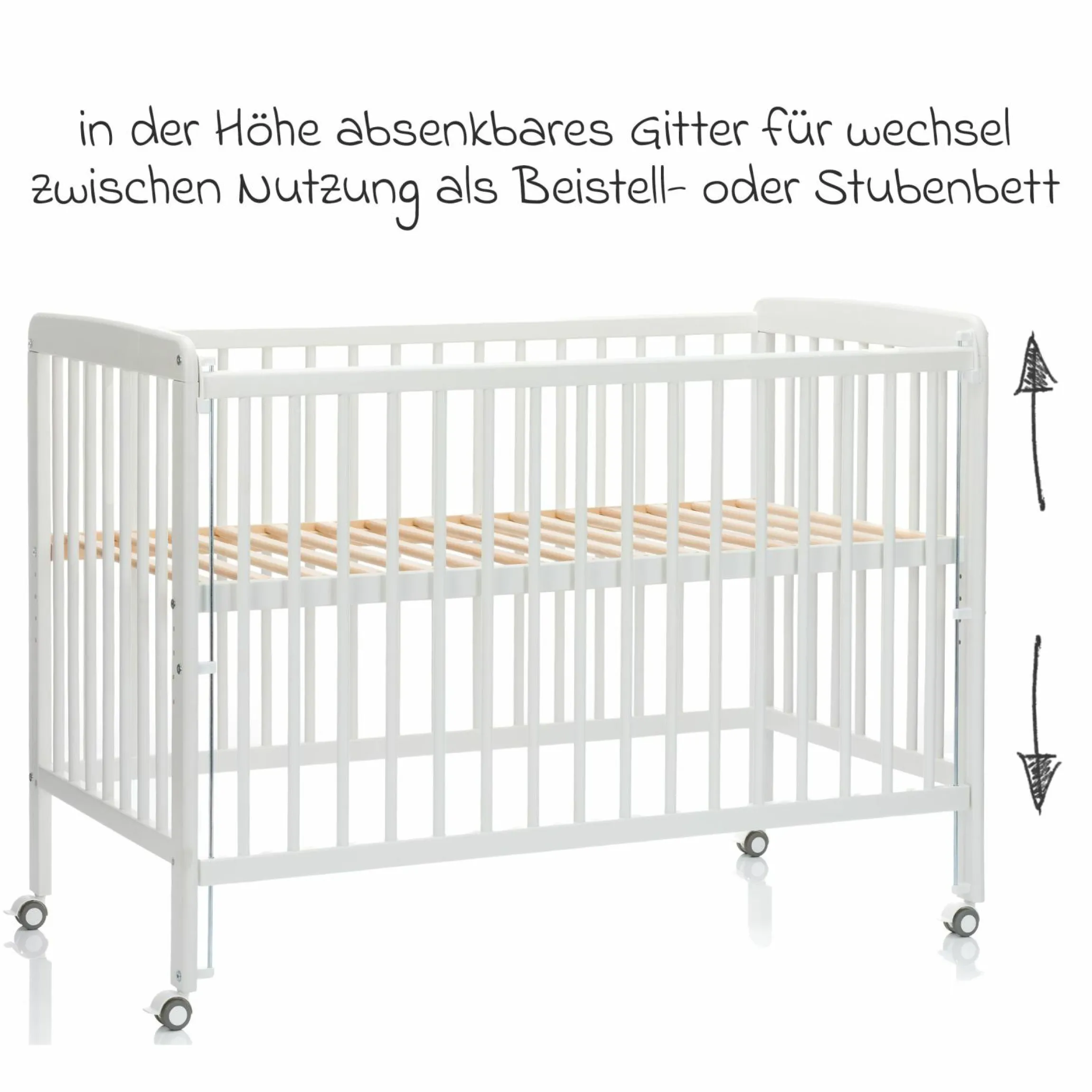 Beistellgitterbett Nena aus massivem Buchenholz mit 4 feststellbaren Rollen 60 x 120 cm - Weiß