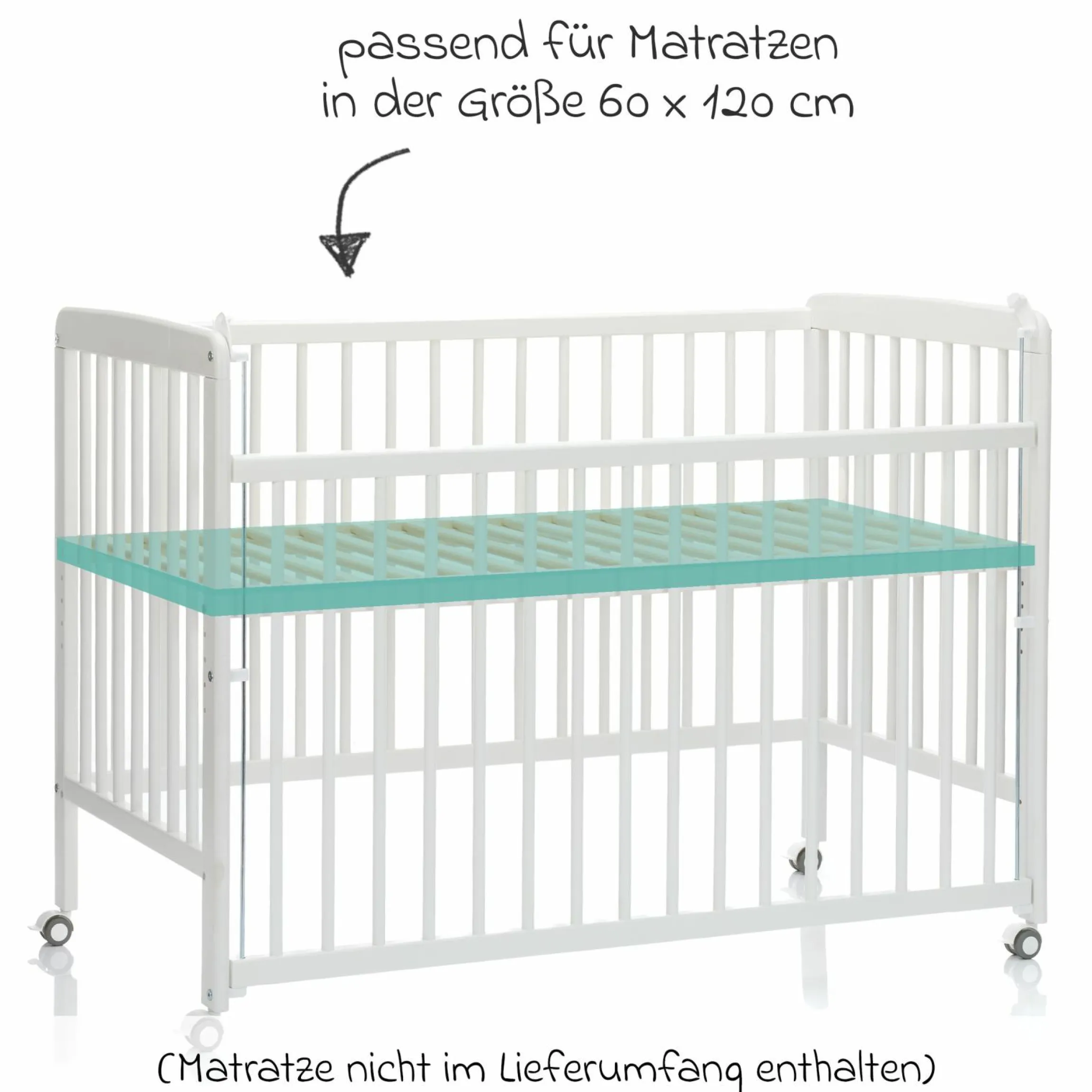 Beistellgitterbett Nena aus massivem Buchenholz mit 4 feststellbaren Rollen 60 x 120 cm - Weiß