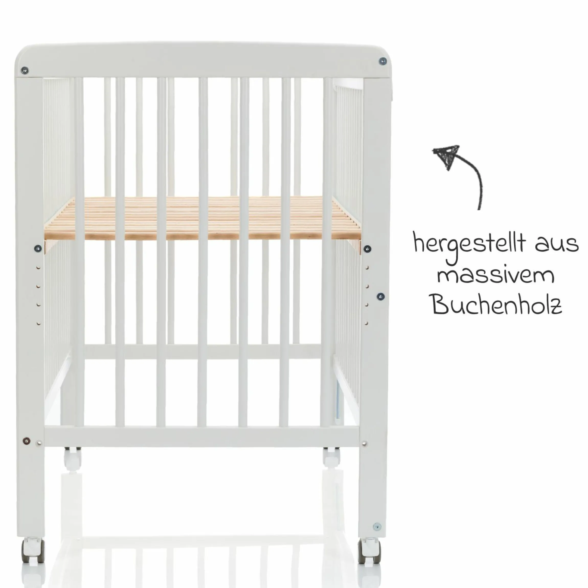 Beistellgitterbett Nena aus massivem Buchenholz mit 4 feststellbaren Rollen 60 x 120 cm - Weiß