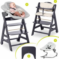 Beta Plus Dark Grey 5-tlg. Newborn Set - Hochstuhl + 2in1 Neugeborenen-Aufsatz & Wippe Premium + Essbrett + Sitzkissen - Light Grey